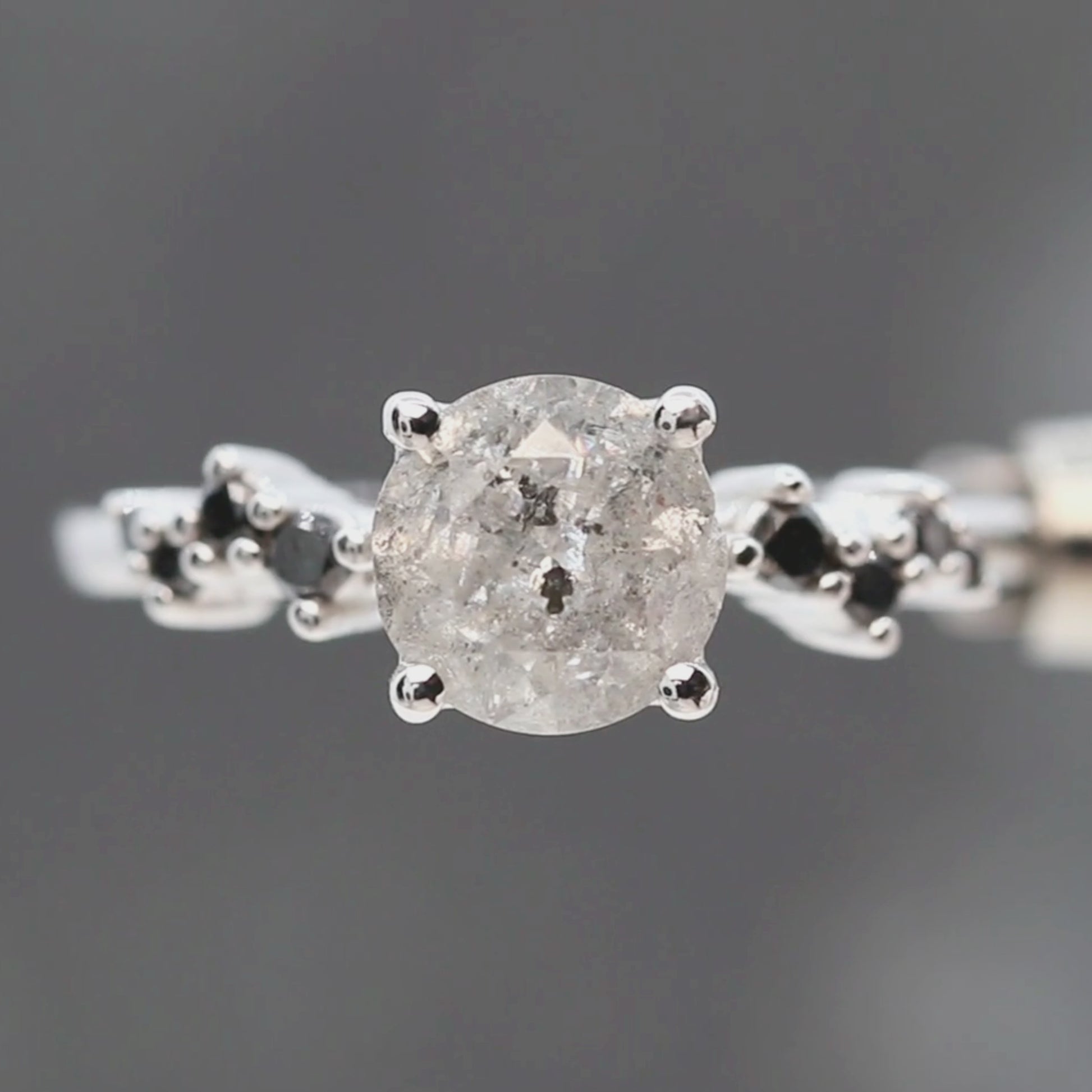 Zealan Ring with a 1.48 Carat Round Gray Salt and Pepper Diamond and Black Accent Diamonds in 14k White Gold - Ready to Size and Ship