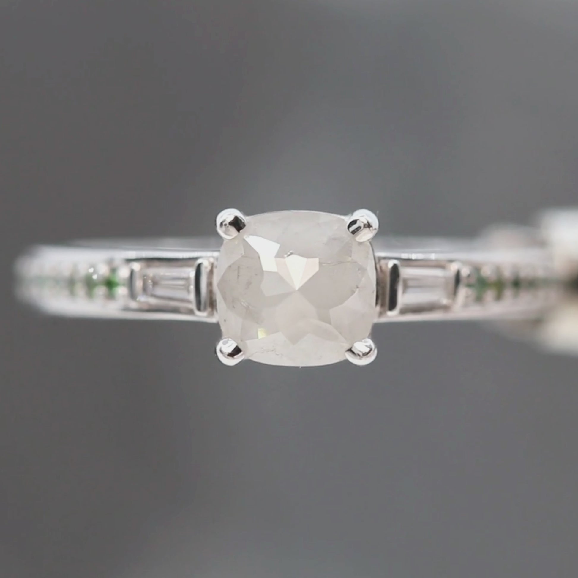 Beckett Ring with a 0.80 Carat Misty Gray Cushion Cut Salt and Pepper Diamond and Green Accent Diamonds in 14k White Gold - Ready to Size and Ship