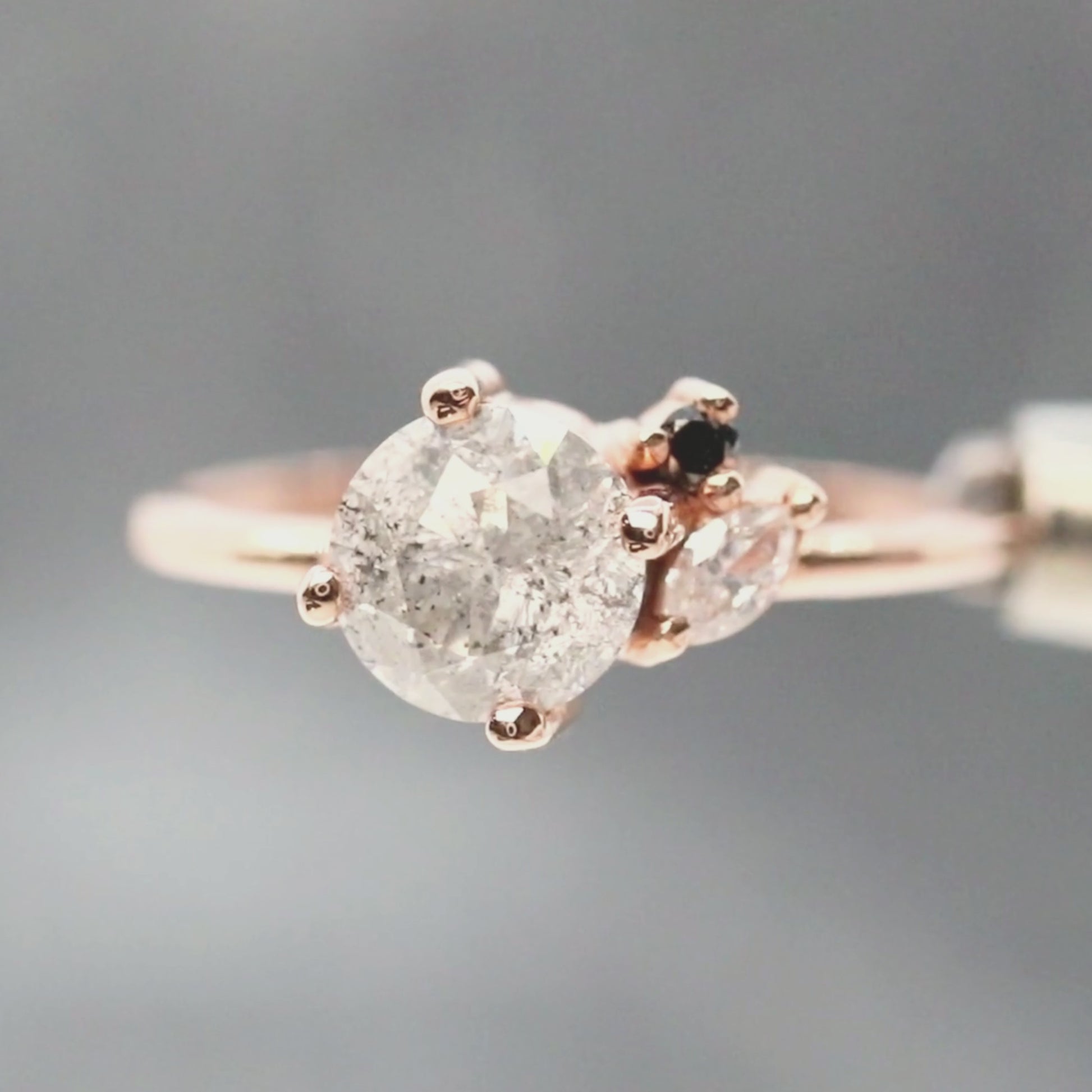 Francine Ring with a 1.34 Carat Round Gray Salt and Pepper Diamond and Black and White Accent Diamonds in 14k Rose Gold - Ready to Size and Ship