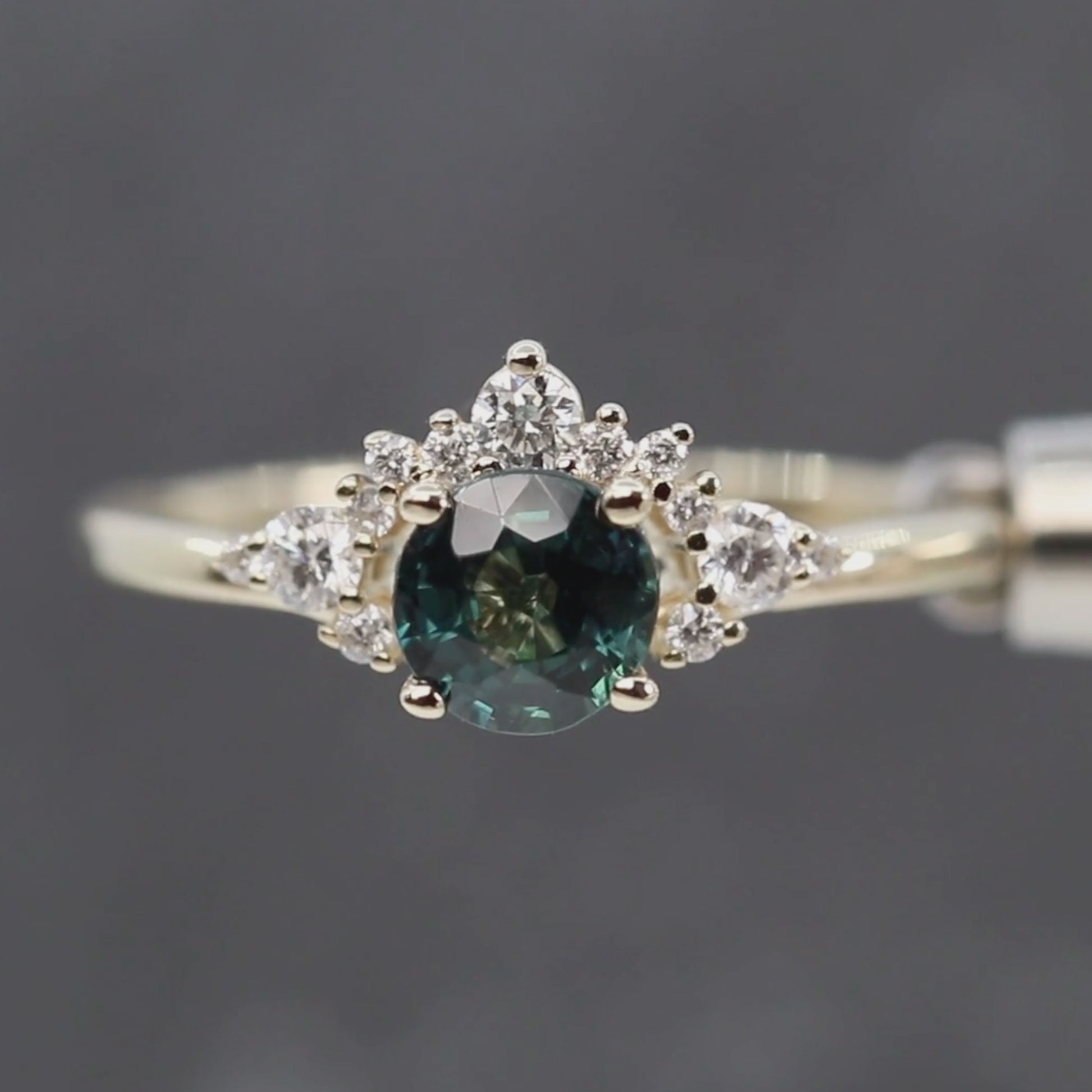 Athena Ring with a 0.85 Carat Teal Round Sapphire and White Accent Diamonds in 14k Yellow Gold - Ready to Size and Ship
