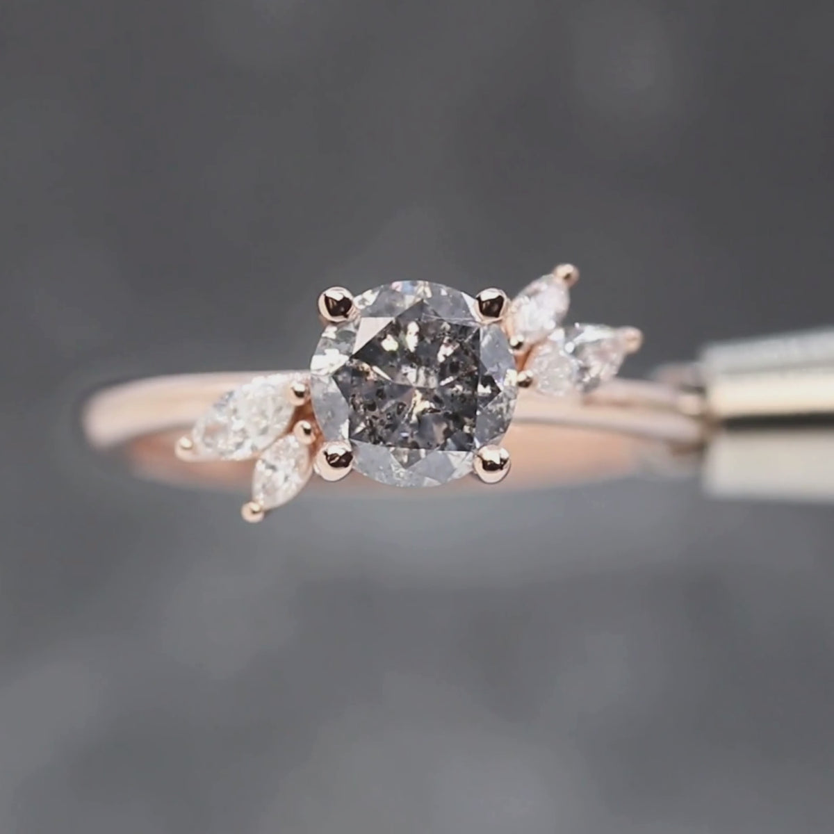Neko Ring with a 1.06 Carat Dark Gray Round Diamond and White Accent Diamonds in 14k Rose Gold - Ready to Size and Ship