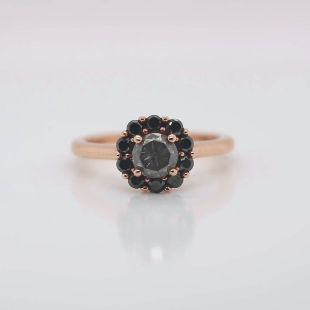 Magnolia Ring with a 1.02 Dark Salt and Pepper Diamond and Black Diamond Accents in 14k Rose Gold - Ready to Size and Ship