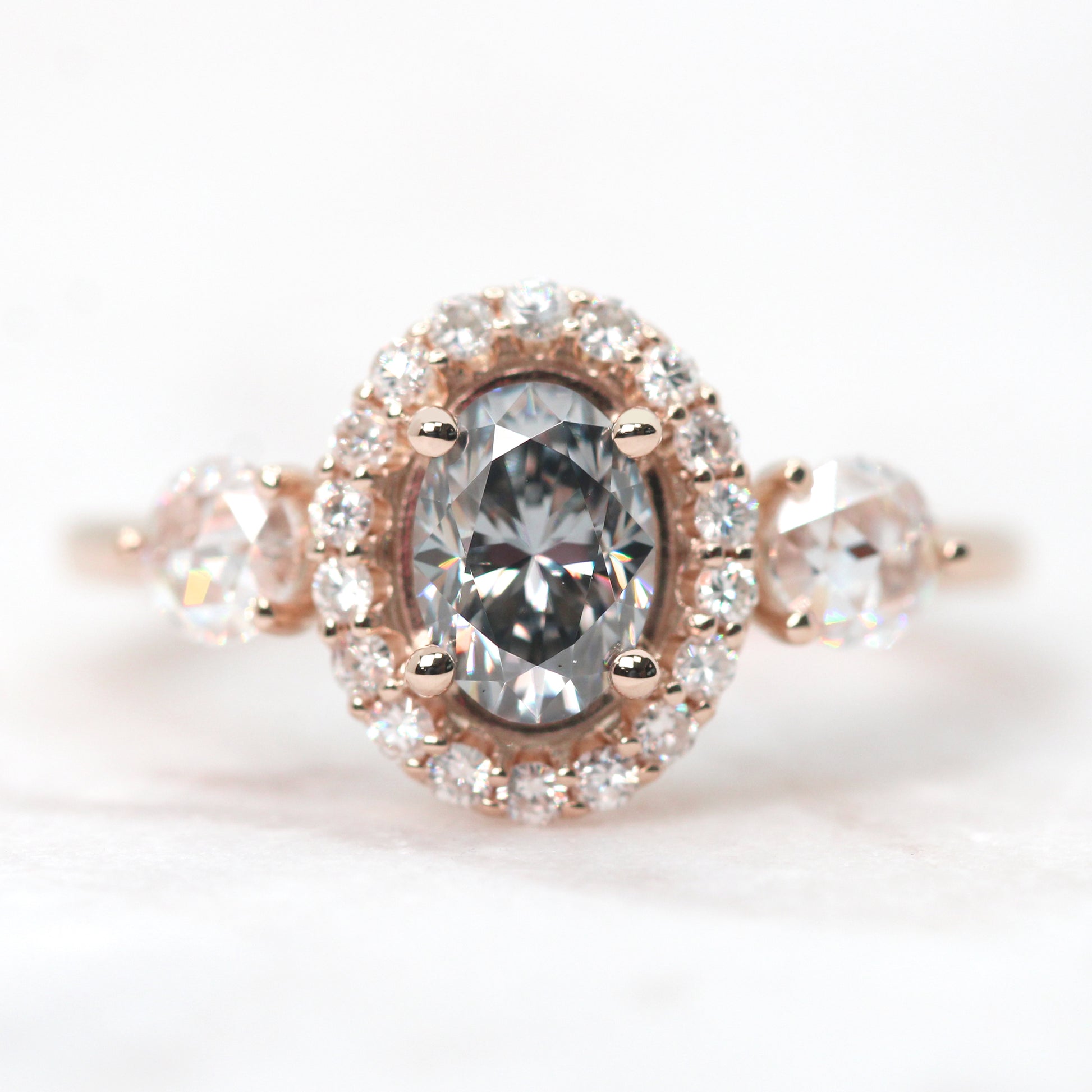 Annalyse Ring with an Oval Gray Moissanite and Moissanite Accents - Made to Order, Choose Your Gold Tone - Midwinter Co. Alternative Bridal Rings and Modern Fine Jewelry