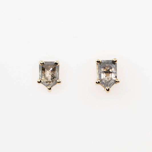 Shield Cut Salt and Pepper Diamond Stud Earrings in 14k Yellow Gold - Ready to Ship