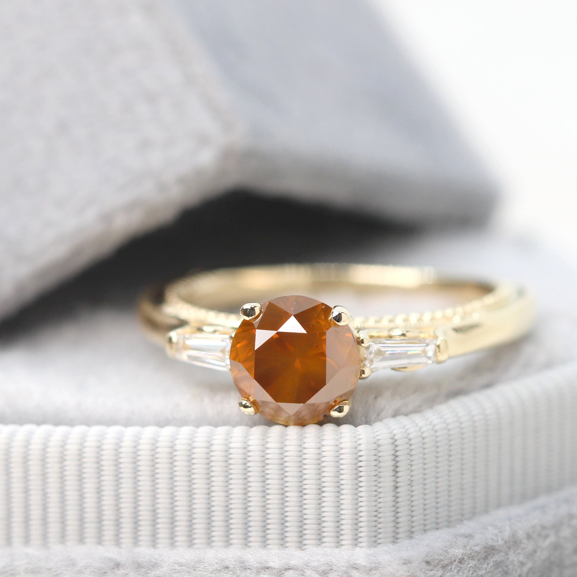Bella Ring with a 1.29 Carat Round Orange Salt and Pepper Diamond and White Accent Diamonds in 14k Yellow Gold - Ready to Size and Ship - Midwinter Co. Alternative Bridal Rings and Modern Fine Jewelry