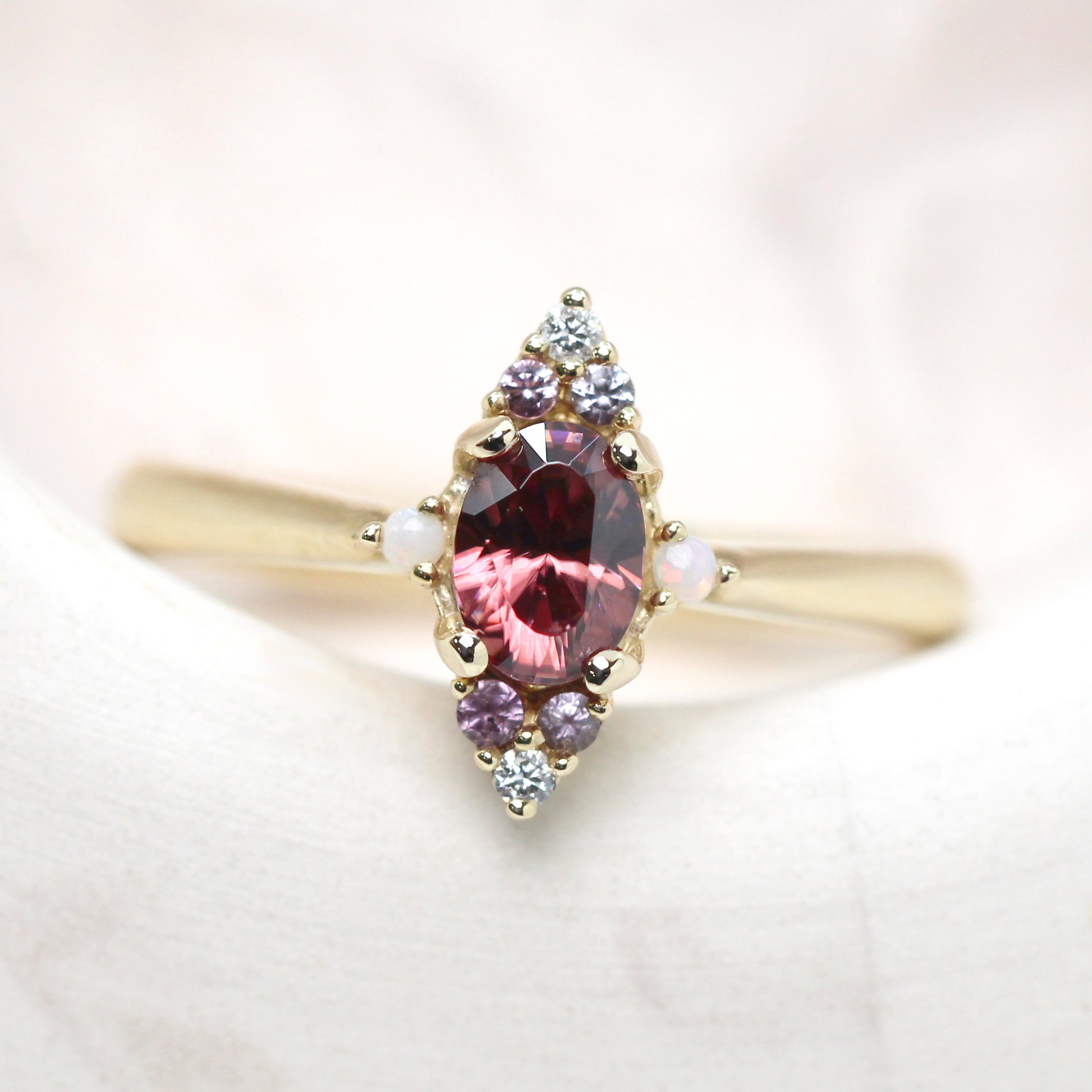 Emery Ring with a 0.98 Carat Oval Zircon and White Diamond, Purple Sapphire & Opal Accents in 14k Yellow Gold - Ready to Size and Ship - Midwinter Co. Alternative Bridal Rings and Modern Fine Jewelry