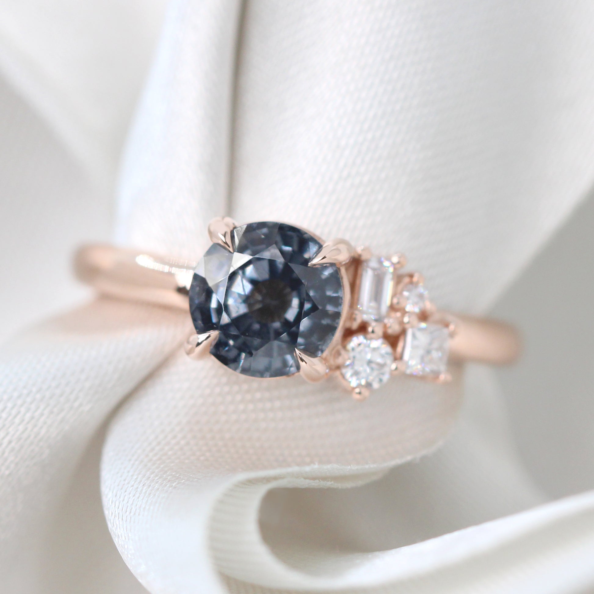 Abigail Ring with a 1.40 Carat Round Blue Gray Spinel and White Accent Diamonds in 14k Rose Gold - Ready to Size and Ship - Midwinter Co. Alternative Bridal Rings and Modern Fine Jewelry