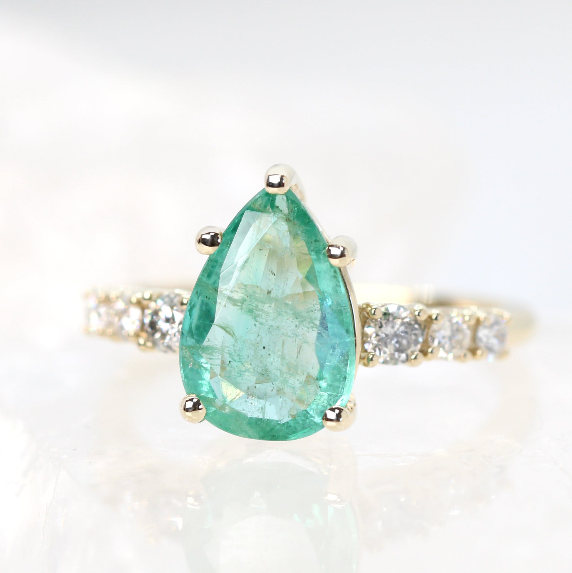 Tina Ring with a 2.50 Carat Pear Emerald and Gray & White Accent Diamonds in 14k Yellow Gold - Ready to Size and Ship - Midwinter Co. Alternative Bridal Rings and Modern Fine Jewelry
