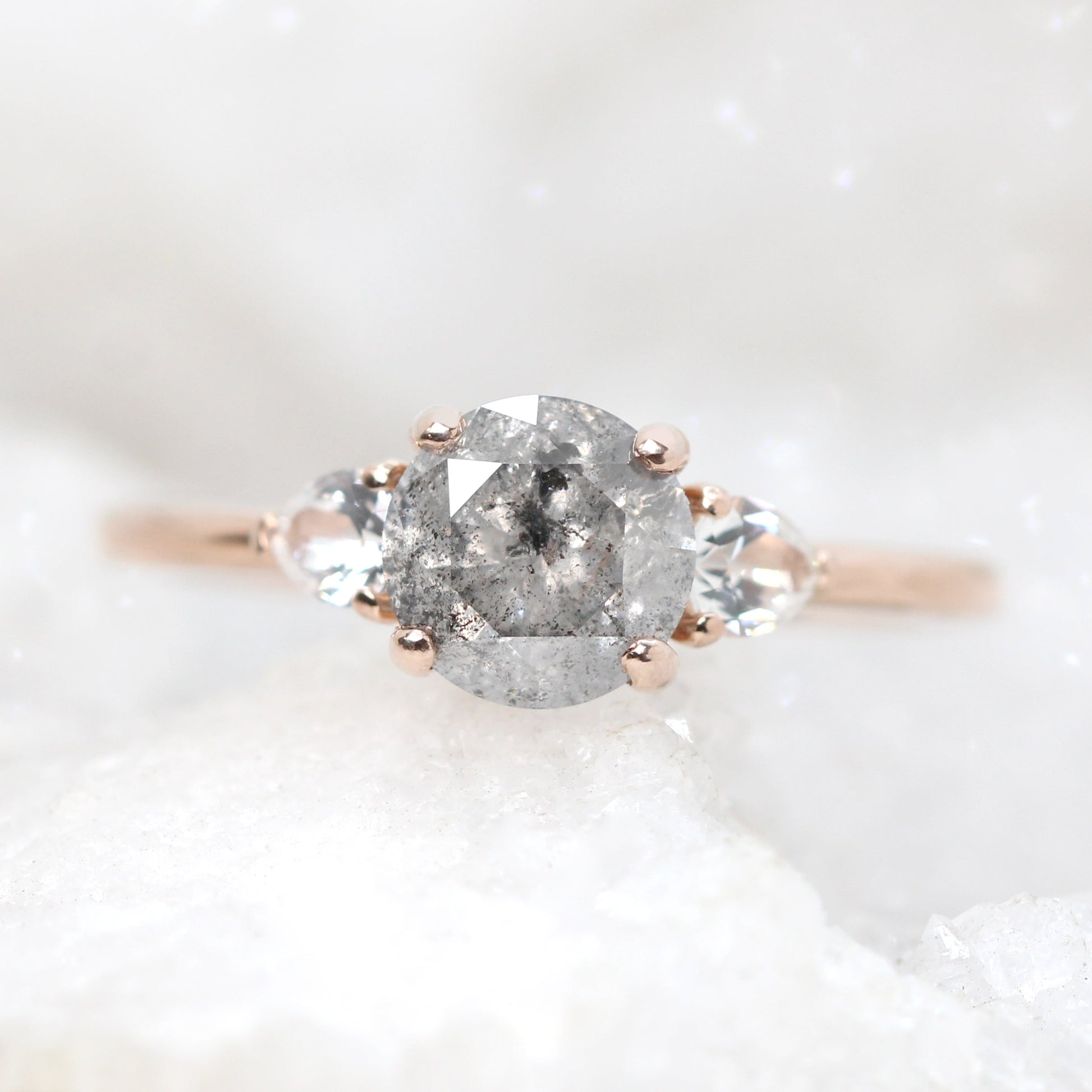 Faye Ring with a 1.28 Round Gray Celestial Diamond and White Sapphire Accents in 14k Rose Gold - Ready to Size and Ship - Midwinter Co. Alternative Bridal Rings and Modern Fine Jewelry