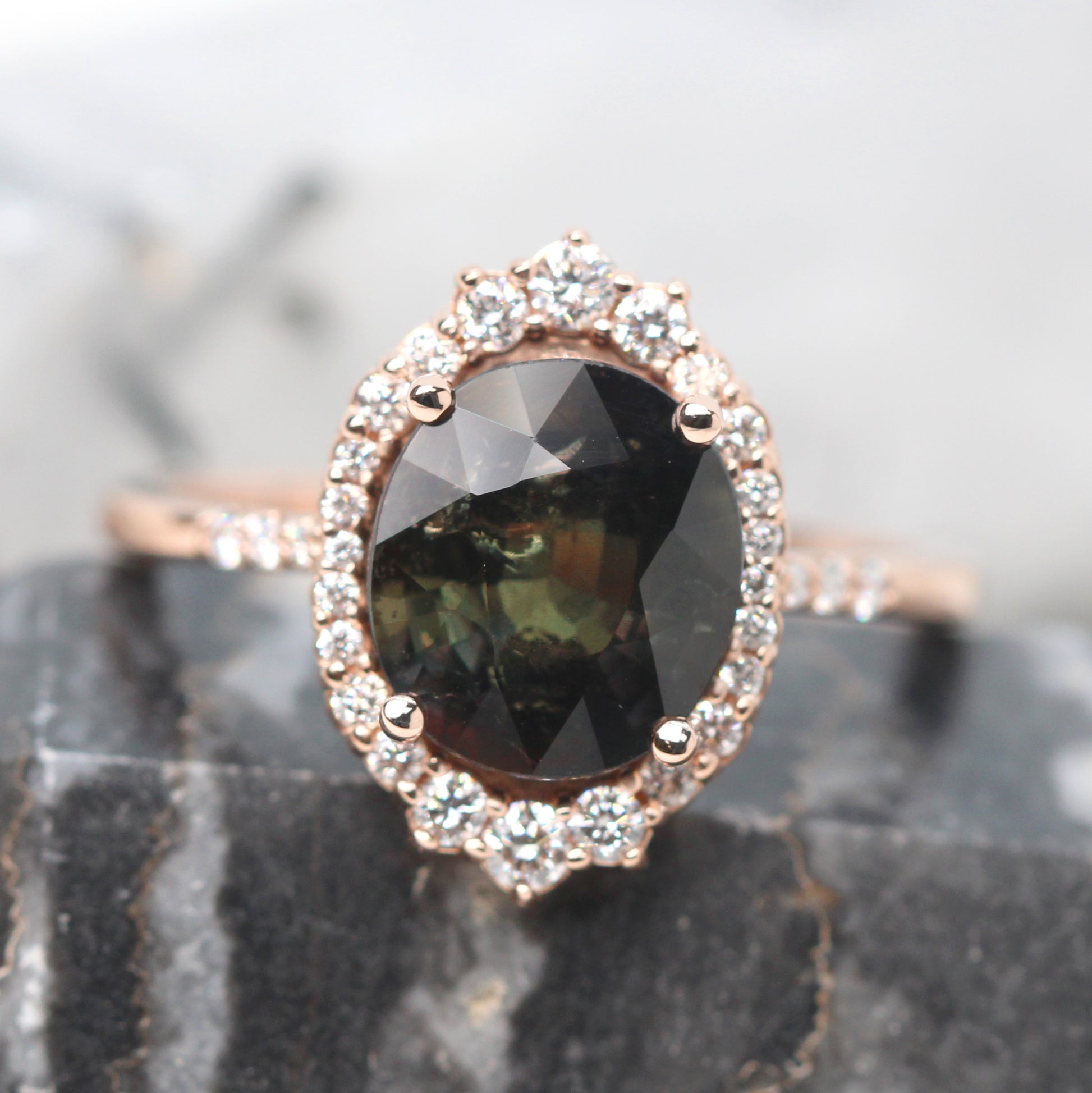 Grace Ring with a 4.02 Carat Oval Dark Brown and Green Sapphire and White Accent Diamonds in 14k Rose Gold - Ready to Size and Ship - Midwinter Co. Alternative Bridal Rings and Modern Fine Jewelry