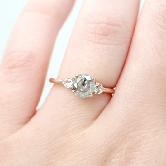 Faye Ring with a 1.28 Round Gray Celestial Diamond and White Sapphire Accents in 14k Rose Gold - Ready to Size and Ship