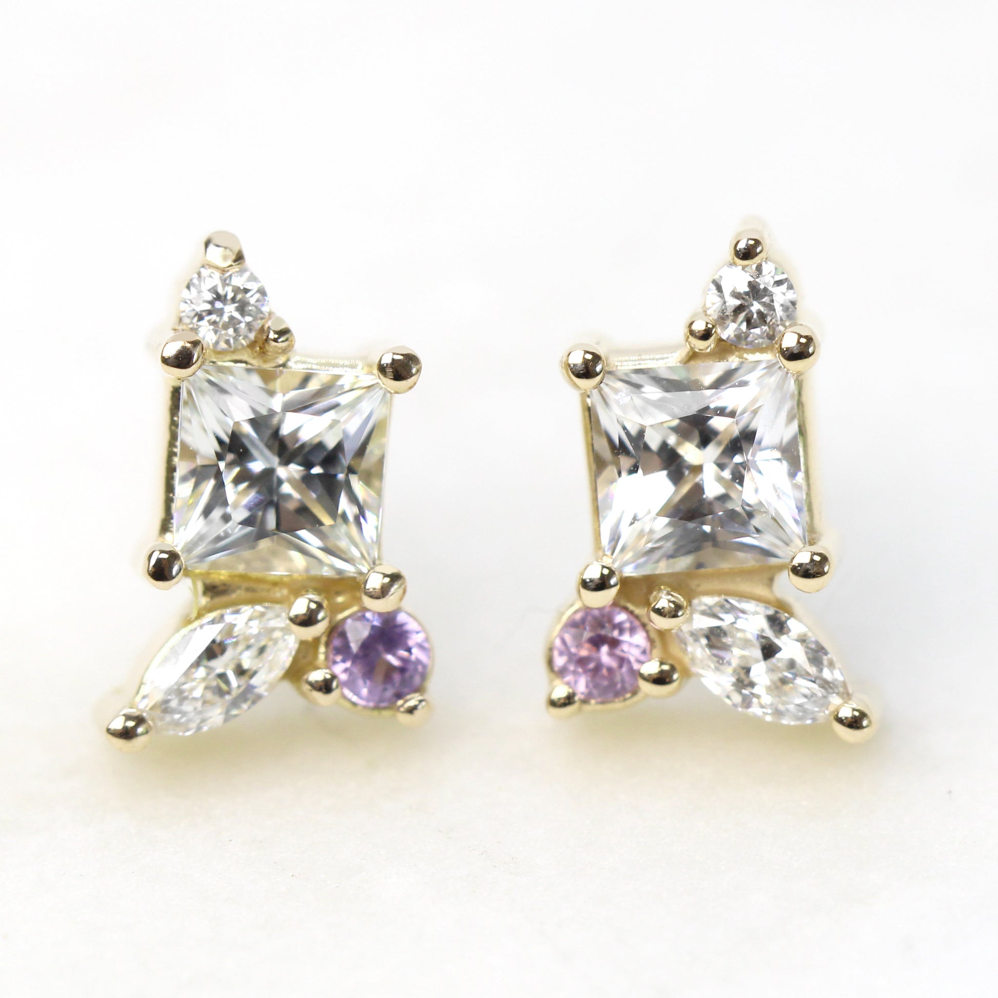 CAELEN (M) Princess Cut White Sapphire Cluster Earrings with Diamond & Pink Sapphire Accents - Made to Order, Your Choice of 14k Gold - Midwinter Co. Alternative Bridal Rings and Modern Fine Jewelry