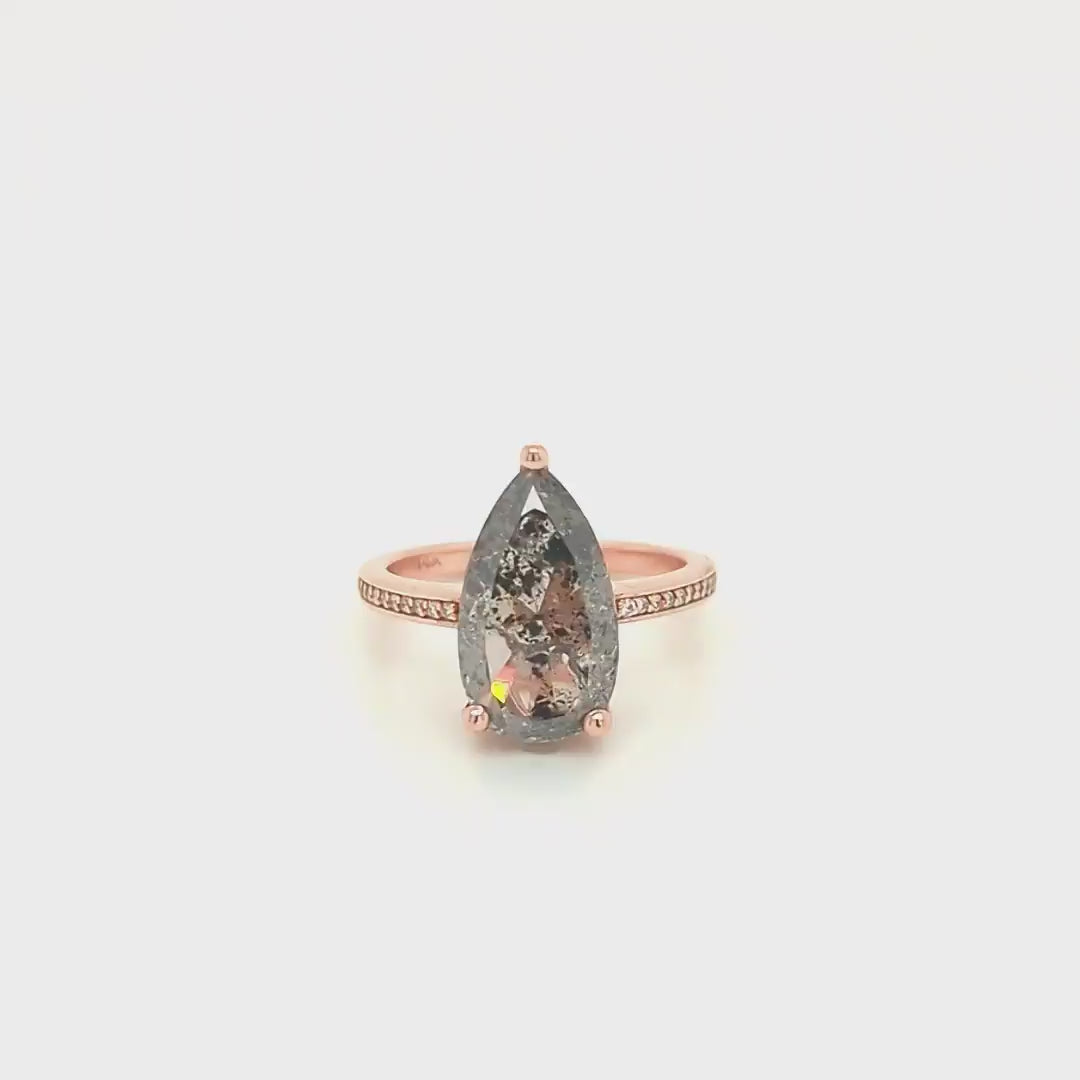 Imani Ring with a 4.07 Carat Salt and Pepper Pear Diamond and Accent Diamonds in 14K Rose Gold - Ready to size and ship