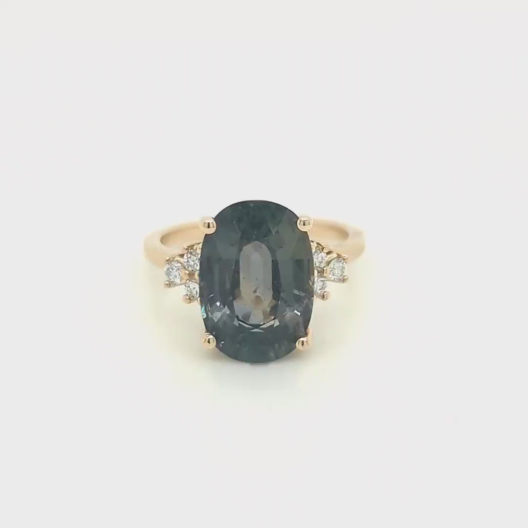 Veragene Ring with a 10.48 Carat Blue Green Oval Sapphire and White Accent Diamonds in 14k Yellow Gold - Ready to Size and Ship