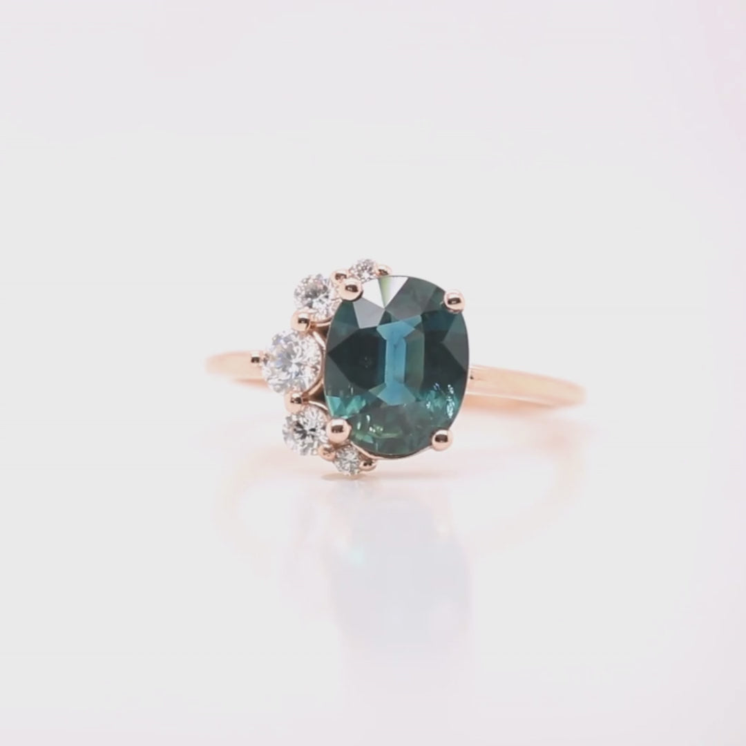 Carell Ring with a 2.01 Carat Teal Oval Sapphire and White Accent Diamonds in 14k Rose Gold - Ready to Size and Ship