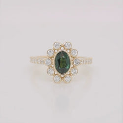 Minnie Ring with a 1.14 Carat Green Oval Australian Sapphire and White Accent Diamonds in 14k Yellow Gold - Ready to Size and Ship