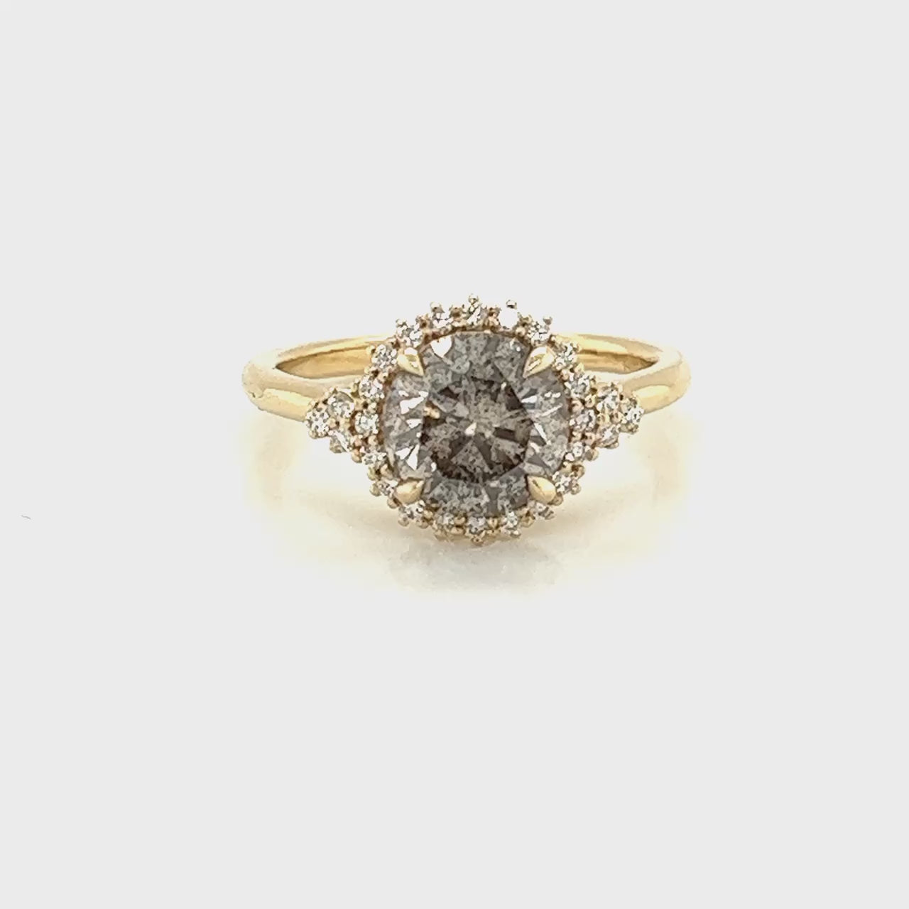 Nanette Ring with a 2.05 Carat Champagne Gray Round Celestial Diamond and White Accent Diamonds in 14k Yellow Gold - Ready to Size and Ship