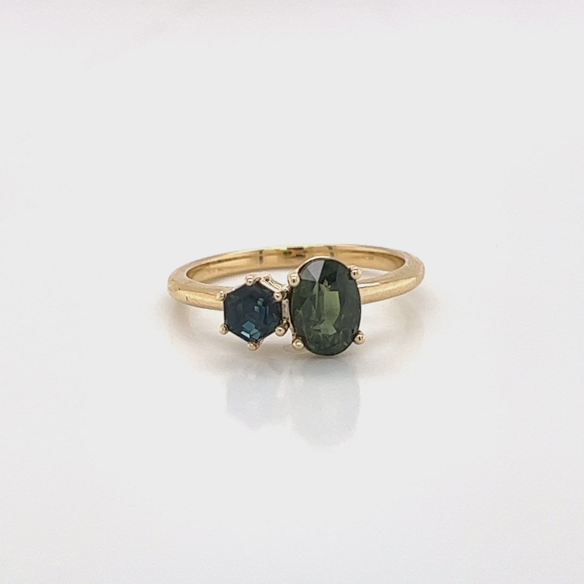 Toi et Moi Ring with a 1.42 Carat Green Oval Sapphire and a 0.66 Blue Hexagon Sapphire in 14k Yellow Gold - Ready to Size and Ship