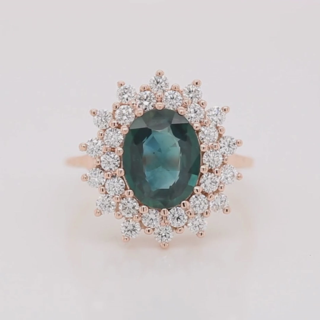 Catherine Ring with a 2.40 Carat Teal Oval Sapphire and White Accent Diamonds in 14k Rose Gold - Ready to Size and Ship