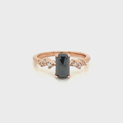 Zealan Ring with a 1.33 Carat Emerald Cut Black Celestial Diamond and White Accent Diamonds in 14k Rose Gold - Ready to Size and Ship