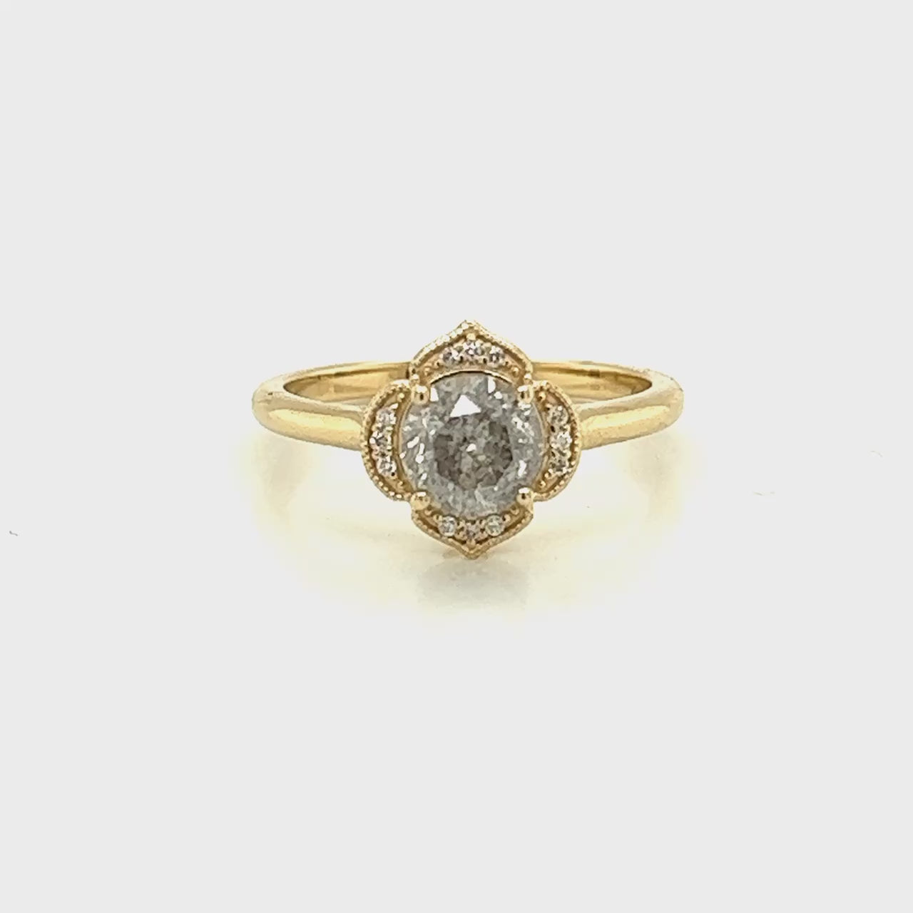 Clementine Ring with a 1.05 Carat Round Light Gray Salt and Pepper Diamond and White Accent Diamonds in 14k Yellow Gold - Ready to Size and Ship