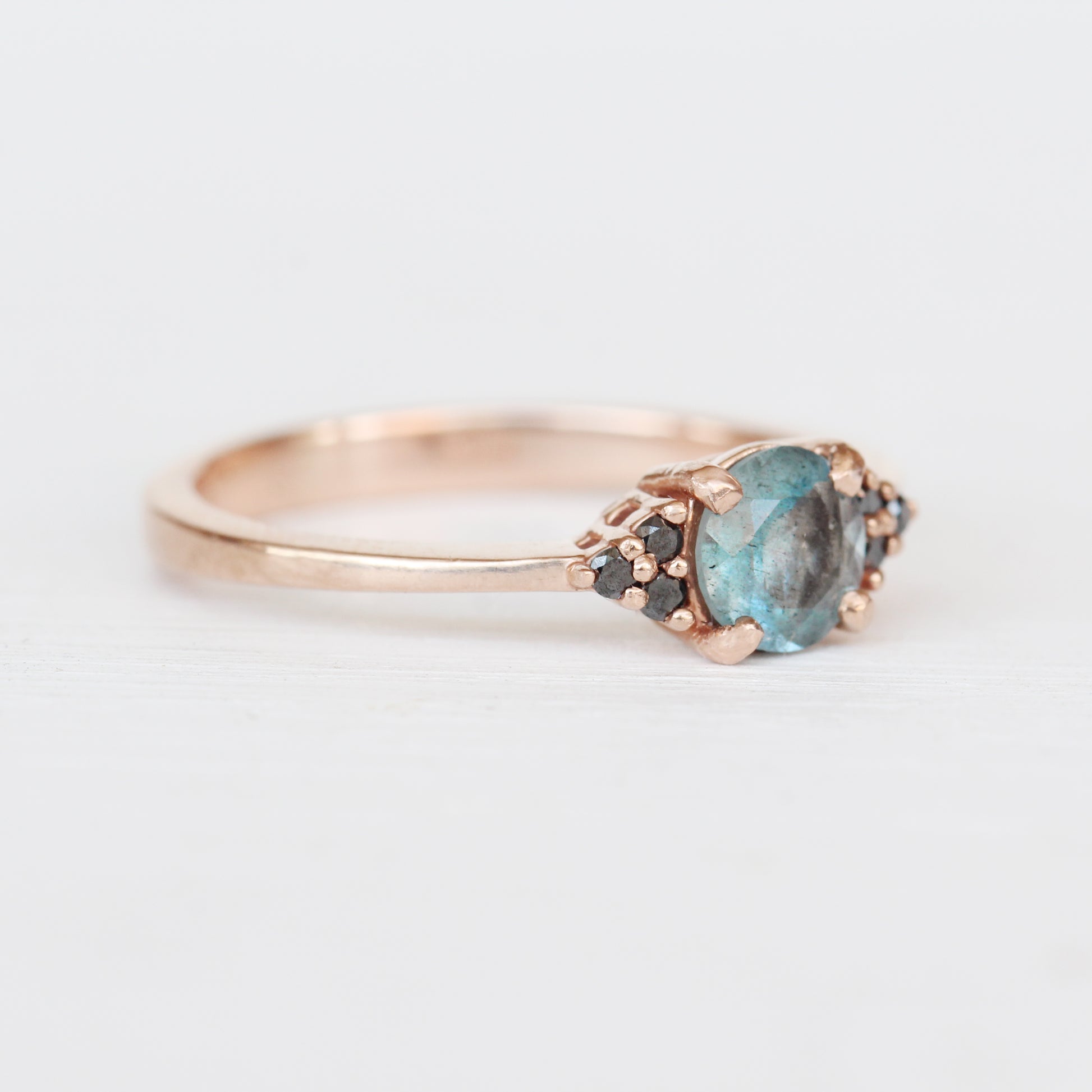 Imogene Ring with a Mossy Aquamarine and Black Diamonds in your choice of gold - Midwinter Co. Alternative Bridal Rings and Modern Fine Jewelry