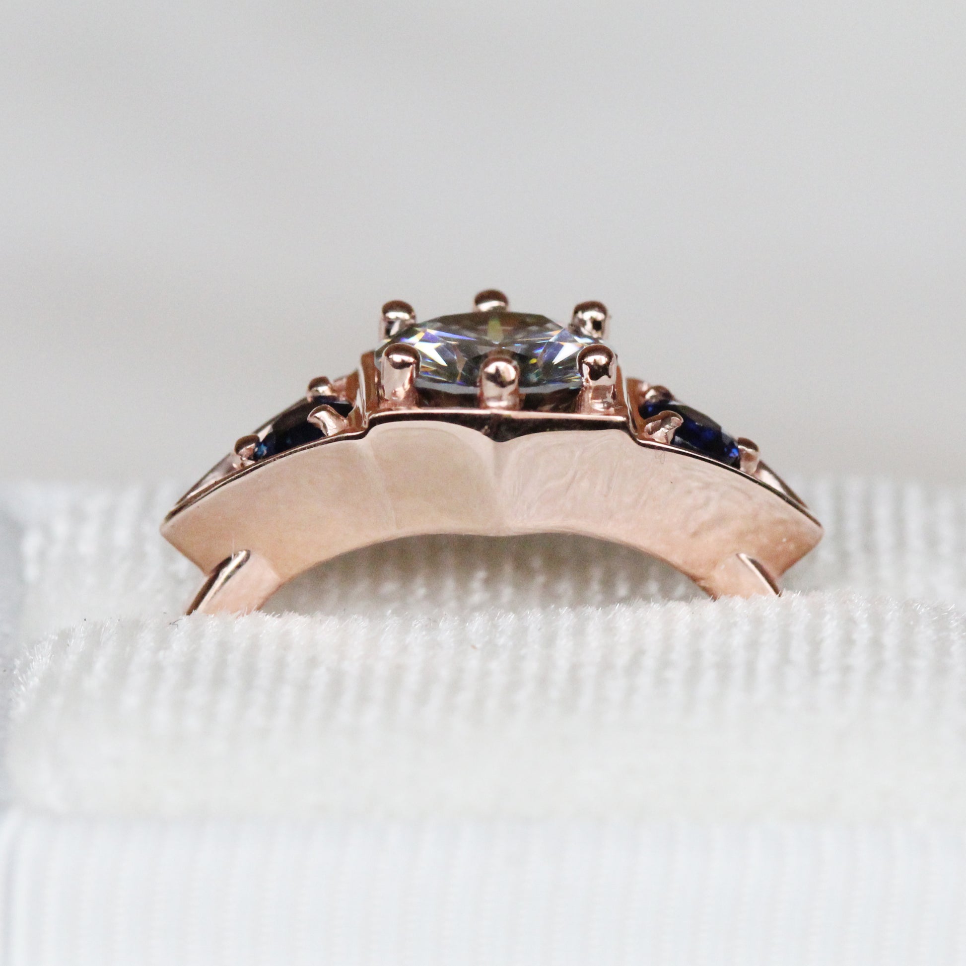 Cassia Ring with Gray Moissanite and Blue Sapphire Accents in 10k Rose Gold - Ready to Size and Ship - Midwinter Co. Alternative Bridal Rings and Modern Fine Jewelry