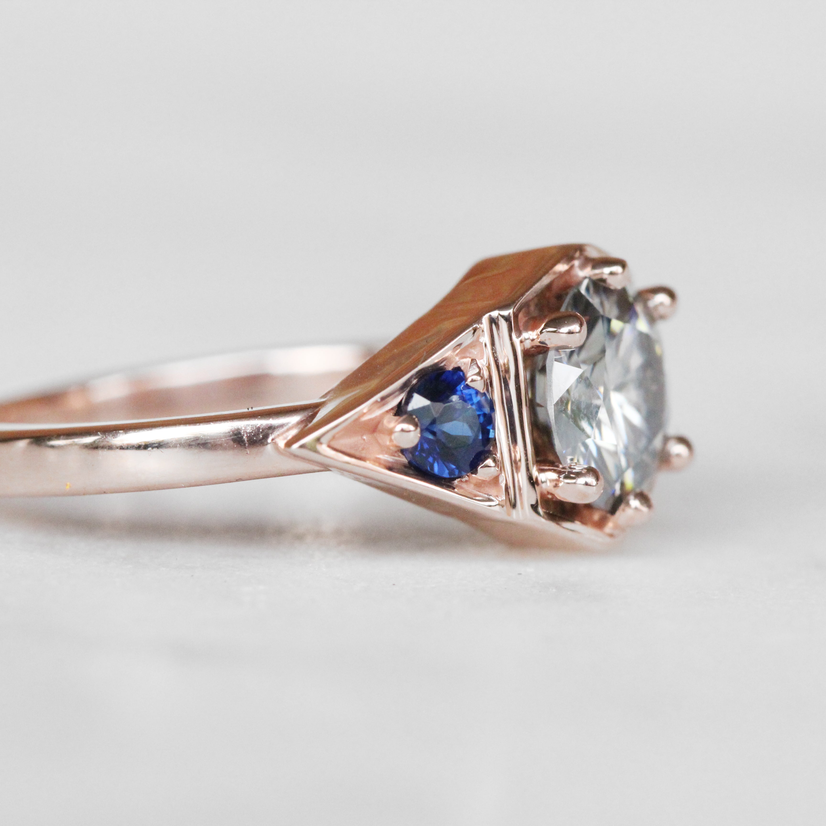Cassia Ring with Gray Moissanite and Blue Sapphire Accents in 10k Rose Gold - Ready to Size and Ship - Midwinter Co. Alternative Bridal Rings and Modern Fine Jewelry