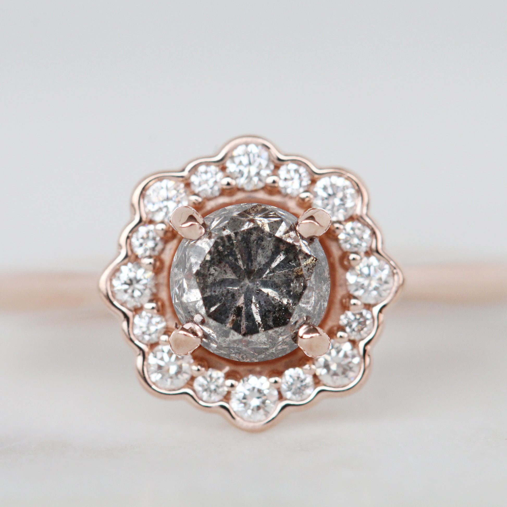 Daisy Ring with a 0.96 Carat Celestial Diamond and White Diamond Halo in 14k Rose Gold - Ready to Size and Ship - Midwinter Co. Alternative Bridal Rings and Modern Fine Jewelry