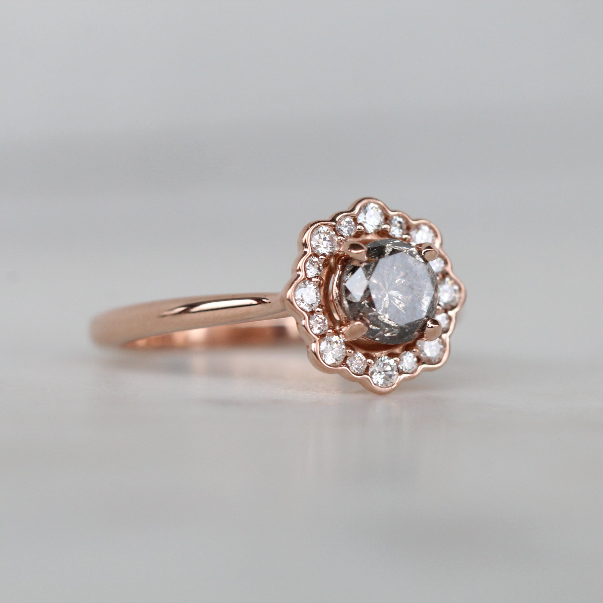 Daisy Ring with a 0.96 Carat Celestial Diamond and White Diamond Halo in 14k Rose Gold - Ready to Size and Ship - Midwinter Co. Alternative Bridal Rings and Modern Fine Jewelry