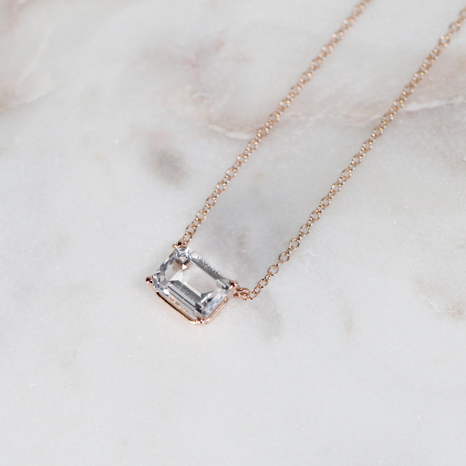 Emerald Cut Clear White Topaz Pendant Necklace - 14k Gold of your choice - Midwinter Co. Alternative Bridal Rings and Modern Fine Jewelry