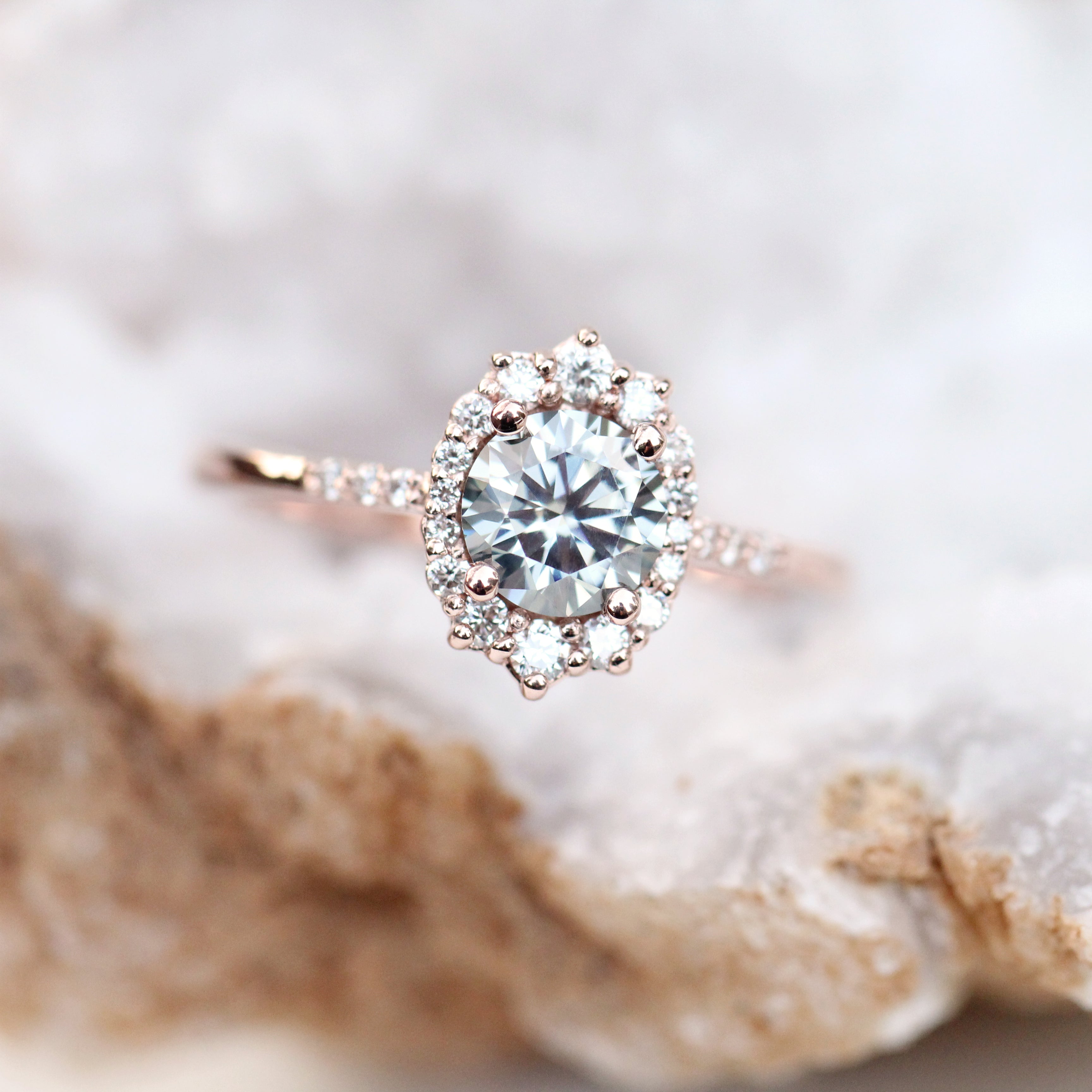 Grace Ring with a 0.75 Carat Gray Moissanite Surrounded by White Diamond Accents in 14k Rose Gold - Ready to Size and Ship - Midwinter Co. Alternative Bridal Rings and Modern Fine Jewelry