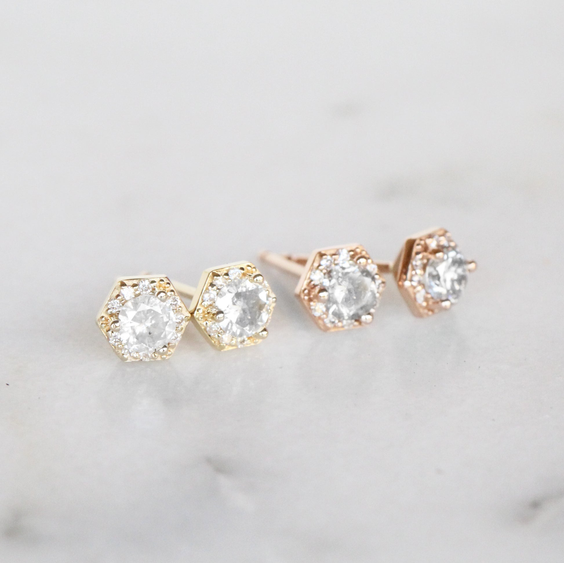 .35 Carat Hexagon Halo Earrings Stud Pair with Light Gray Celestial Diamonds in 14k gold- Ready to Ship - Midwinter Co. Alternative Bridal Rings and Modern Fine Jewelry