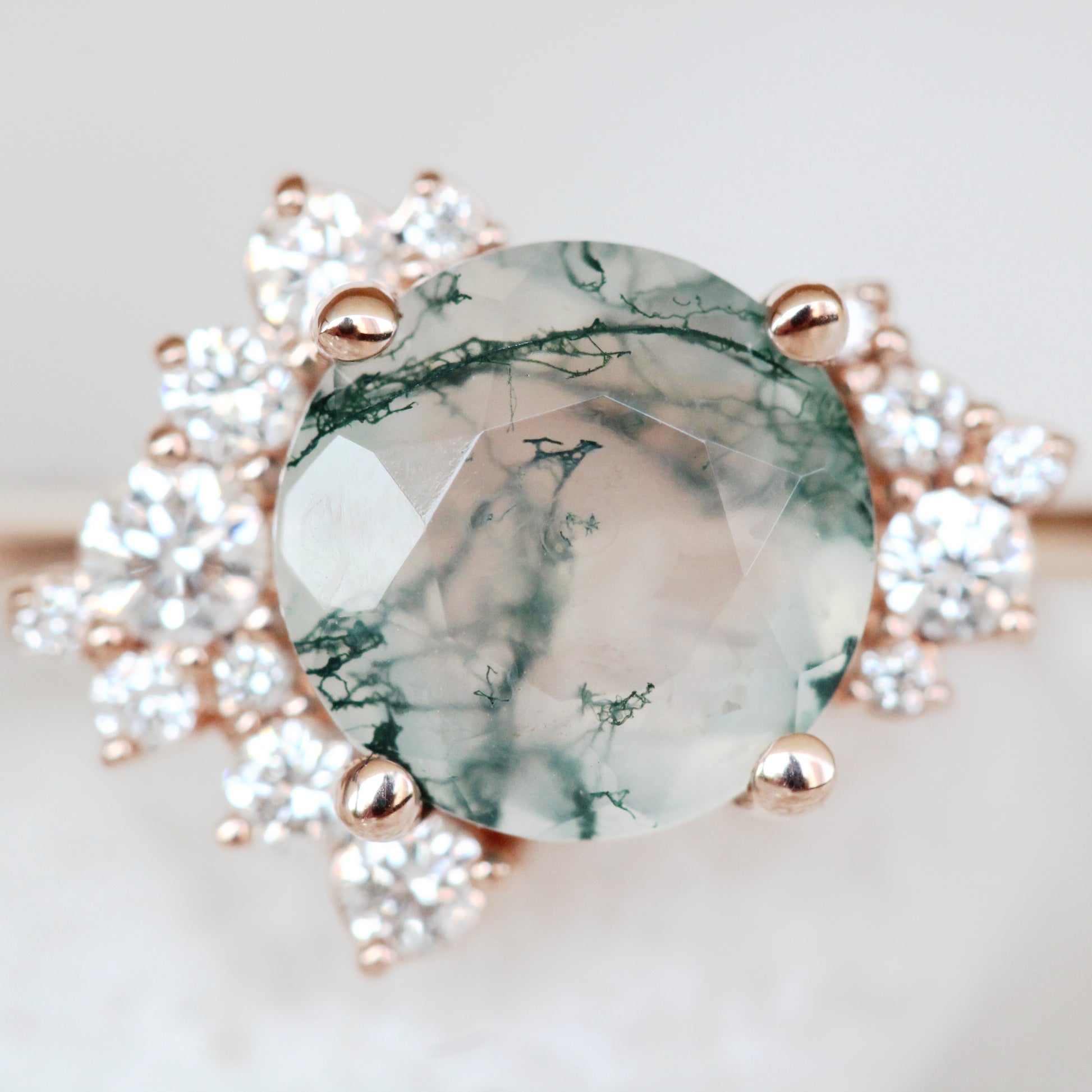 Orion Ring with a 1.80 Carat Round Moss Agate and White Accent Diamonds in your Choice of 14K Gold - Made to Order - Each Stone is Unique - Midwinter Co. Alternative Bridal Rings and Modern Fine Jewelry
