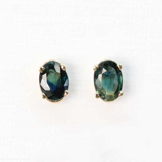 CAELEN (J) Teal Oval Sapphire Earrings in 14k Yellow Gold - Ready to Ship - Midwinter Co. Alternative Bridal Rings and Modern Fine Jewelry