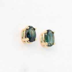CAELEN (J) Teal Oval Sapphire Earrings in 14k Yellow Gold - Ready to Ship - Midwinter Co. Alternative Bridal Rings and Modern Fine Jewelry
