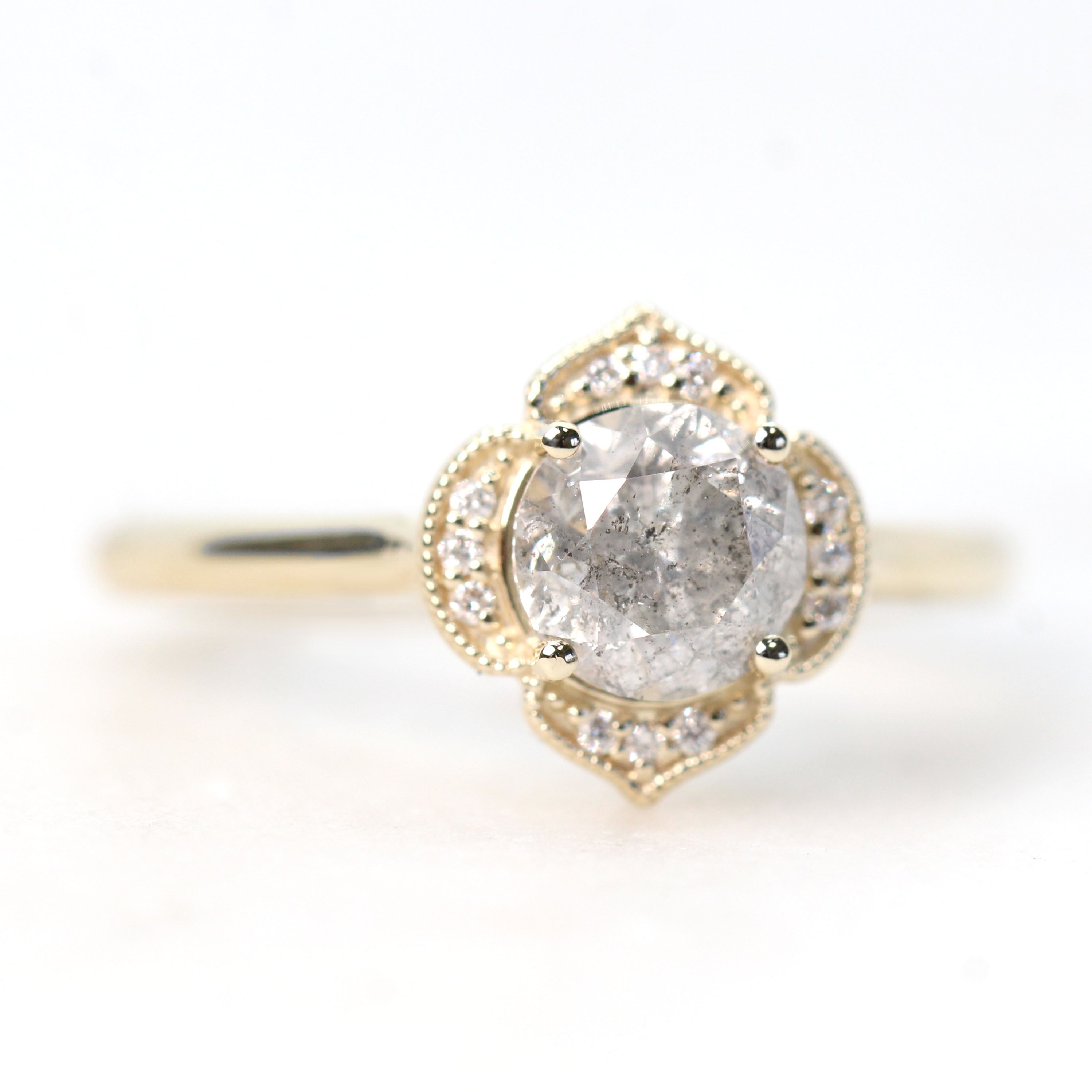 Clementine Ring with a 1.05 Carat Round Light Gray Celestial Diamond and White Accent Diamonds in 14k Yellow Gold - Ready to Size and Ship - Midwinter Co. Alternative Bridal Rings and Modern Fine Jewelry