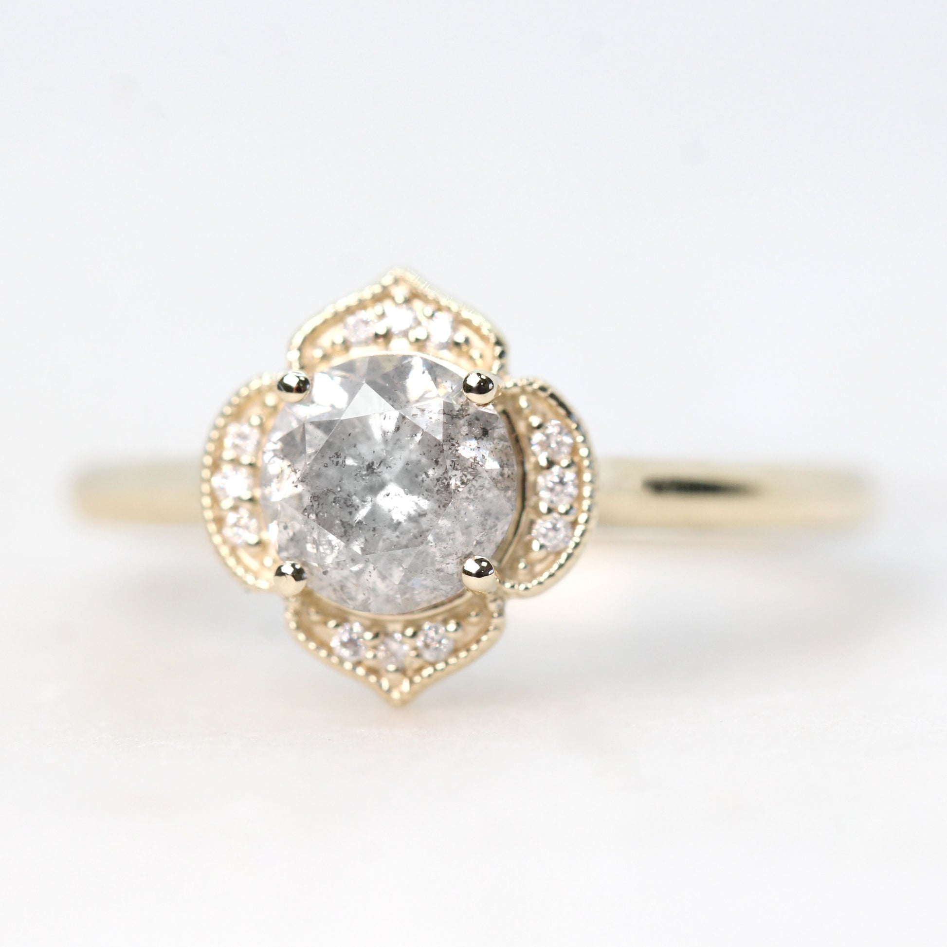 Clementine Ring with a 1.05 Carat Round Light Gray Celestial Diamond and White Accent Diamonds in 14k Yellow Gold - Ready to Size and Ship - Midwinter Co. Alternative Bridal Rings and Modern Fine Jewelry