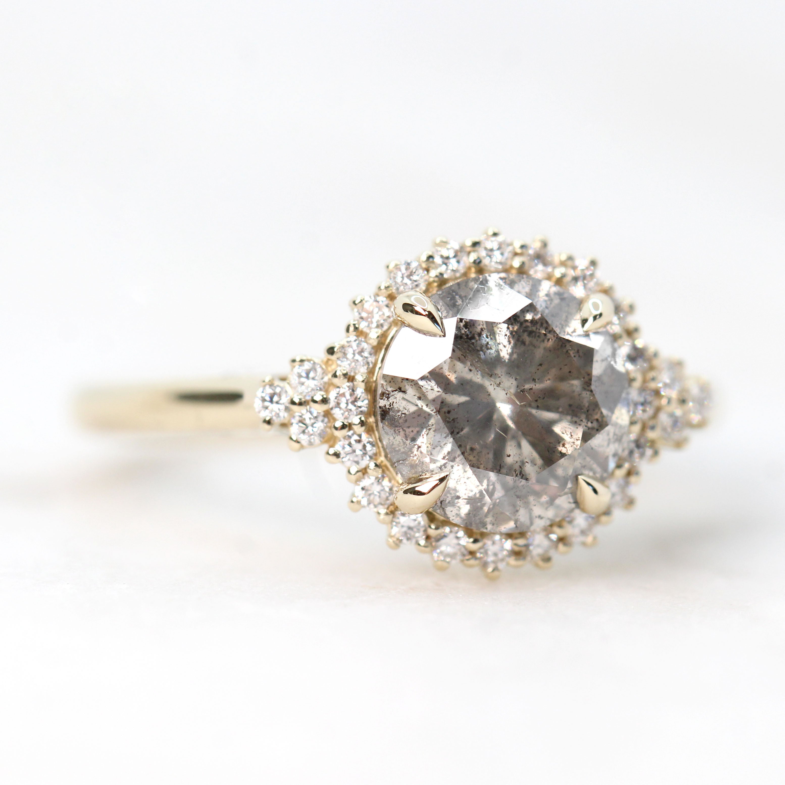 Nanette Ring with a 2.05 Carat Champagne Gray Round Celestial Diamond and White Accent Diamonds in 14k Yellow Gold - Ready to Size and Ship - Midwinter Co. Alternative Bridal Rings and Modern Fine Jewelry