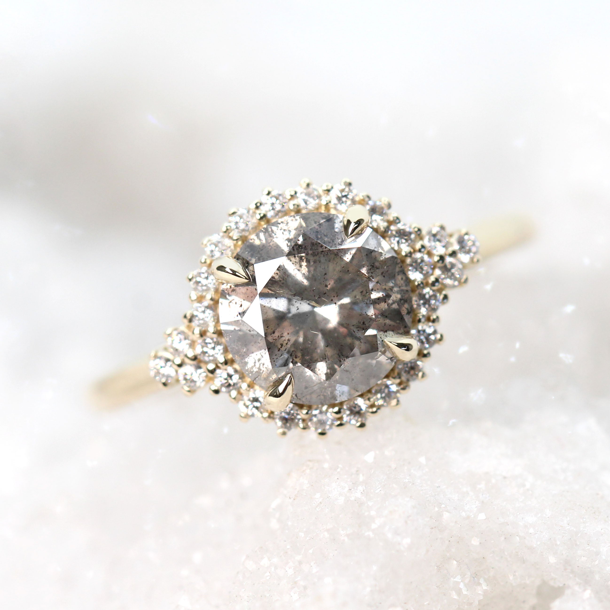 Nanette Ring with a 2.05 Carat Champagne Gray Round Celestial Diamond and White Accent Diamonds in 14k Yellow Gold - Ready to Size and Ship - Midwinter Co. Alternative Bridal Rings and Modern Fine Jewelry