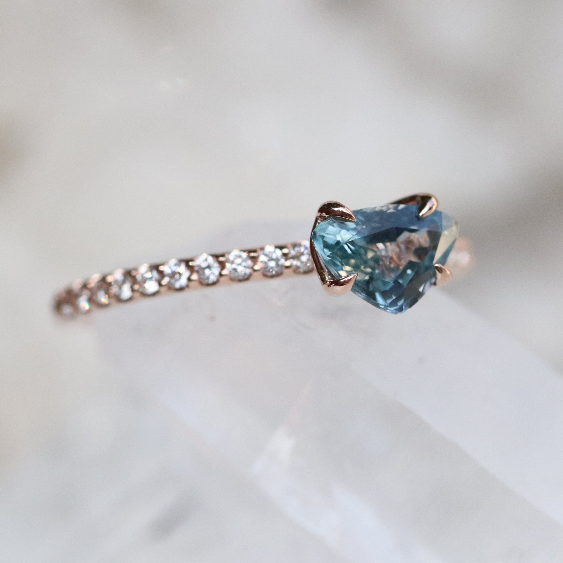 Raine Ring with Teal Sapphire and Diamonds in 14k Rose Gold - Ready to size and ship - Midwinter Co. Alternative Bridal Rings and Modern Fine Jewelry