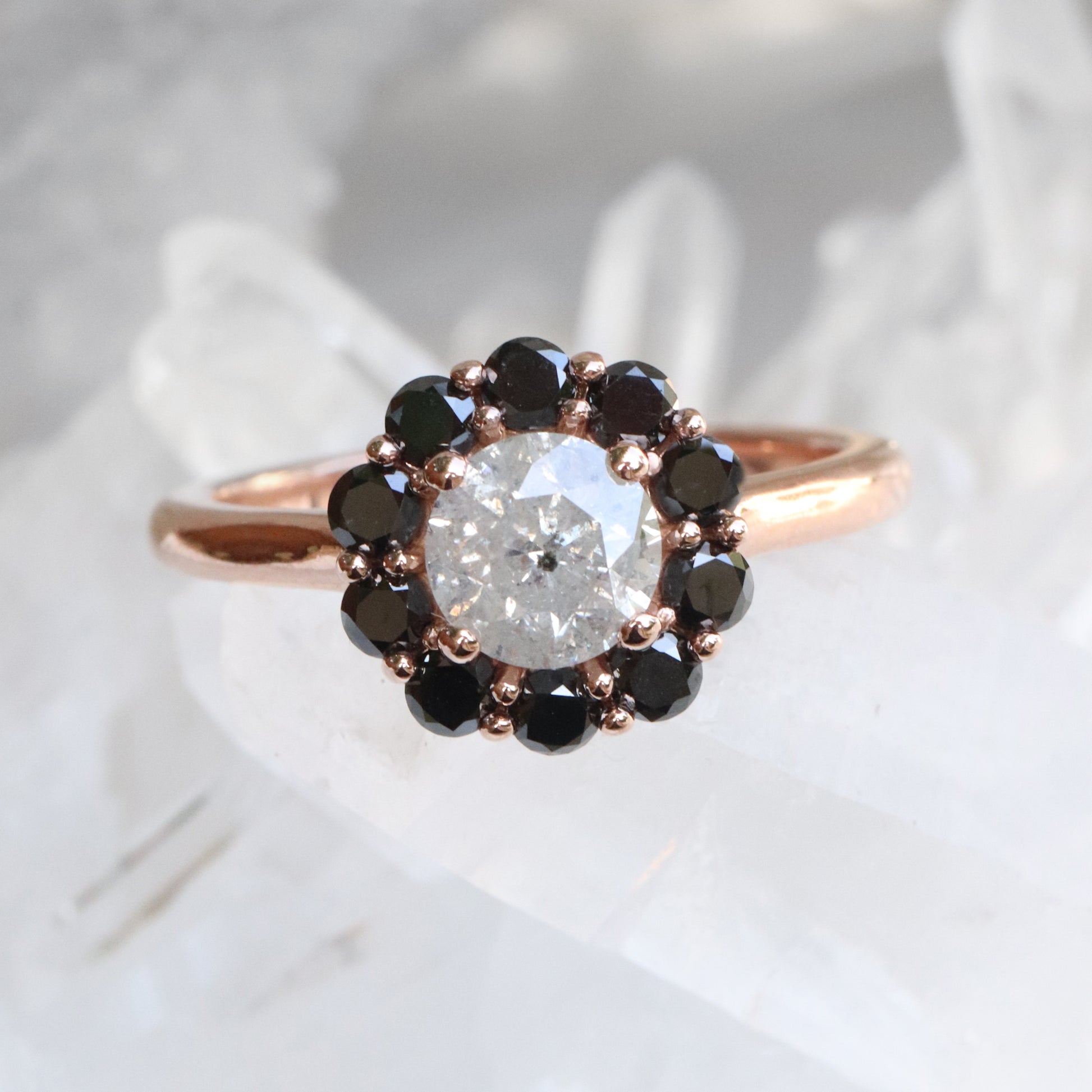 Magnolia Ring with a .70 ct Misty Celestial Diamond and Black Diamond Accents in 14k Rose Gold - Ready to Size and Ship - Midwinter Co. Alternative Bridal Rings and Modern Fine Jewelry