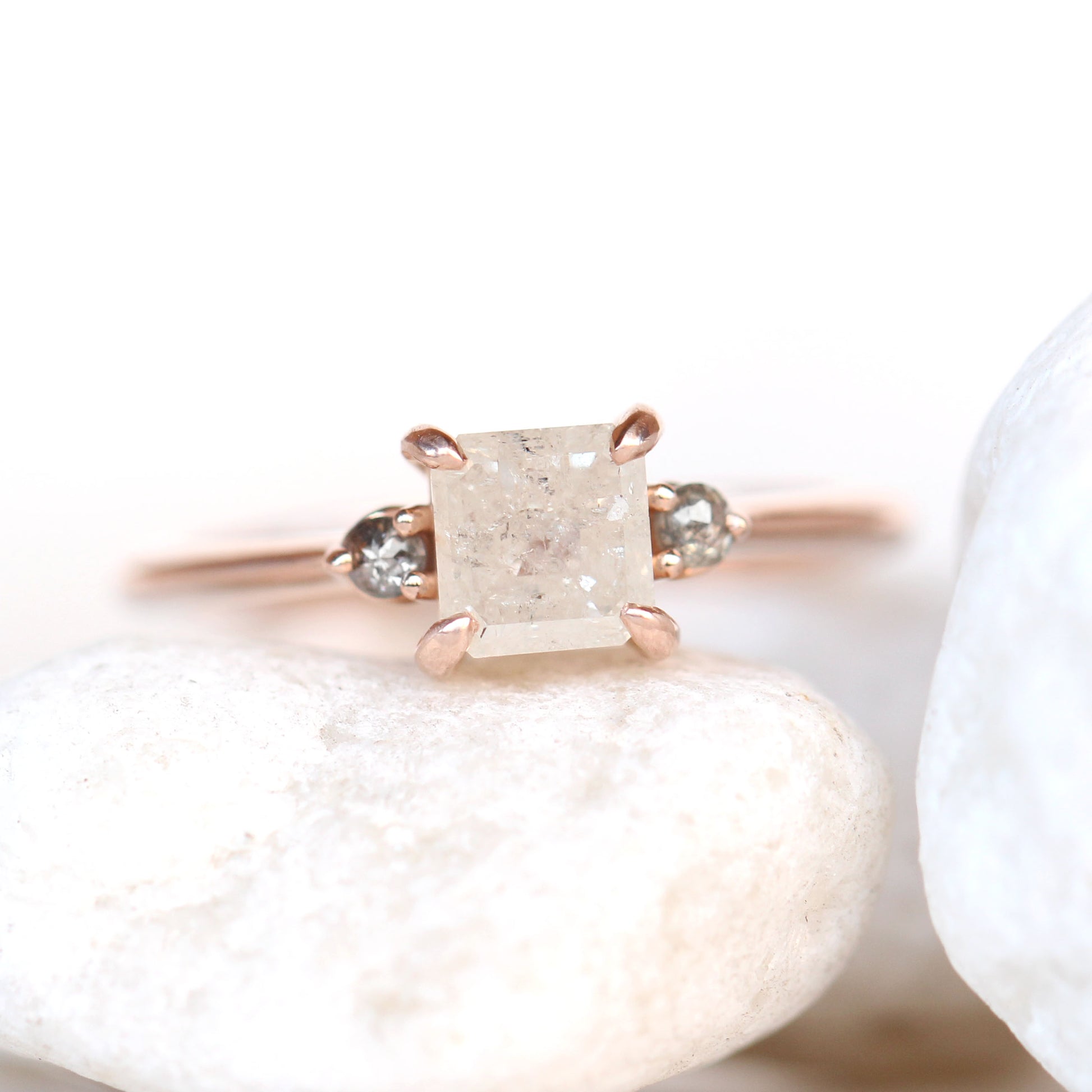 Drea Ring with a 1.07 Princess Misty White Round Celestial Diamond and Celestial Diamond Accents in 14k Rose Gold - Ready to Size and Ship - Midwinter Co. Alternative Bridal Rings and Modern Fine Jewelry