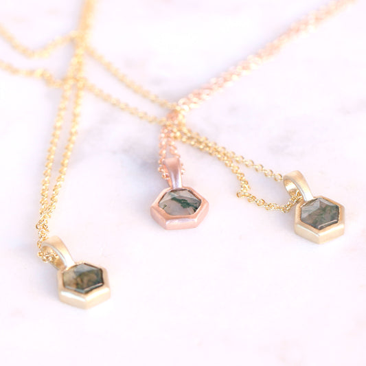 14K Yellow or Rose Gold Necklace with a Bezel Set 2 Carat Hexagon Moss Agate - Midwinter Co. Alternative Bridal Rings and Modern Fine Jewelry