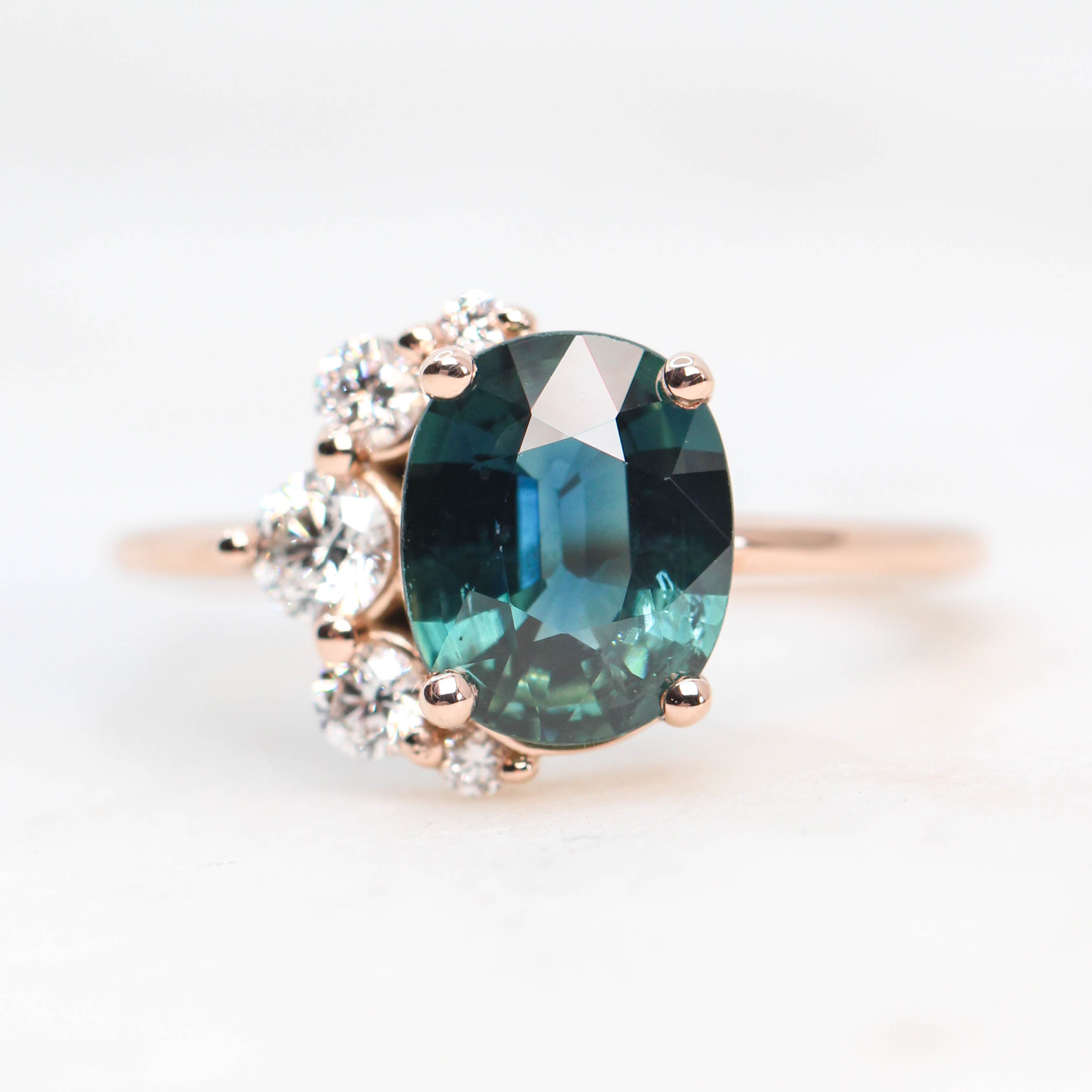 Carell Ring with a 2.01 Carat Teal Oval Sapphire and White Accent Diamonds in 14k Rose Gold - Ready to Size and Ship - Midwinter Co. Alternative Bridal Rings and Modern Fine Jewelry