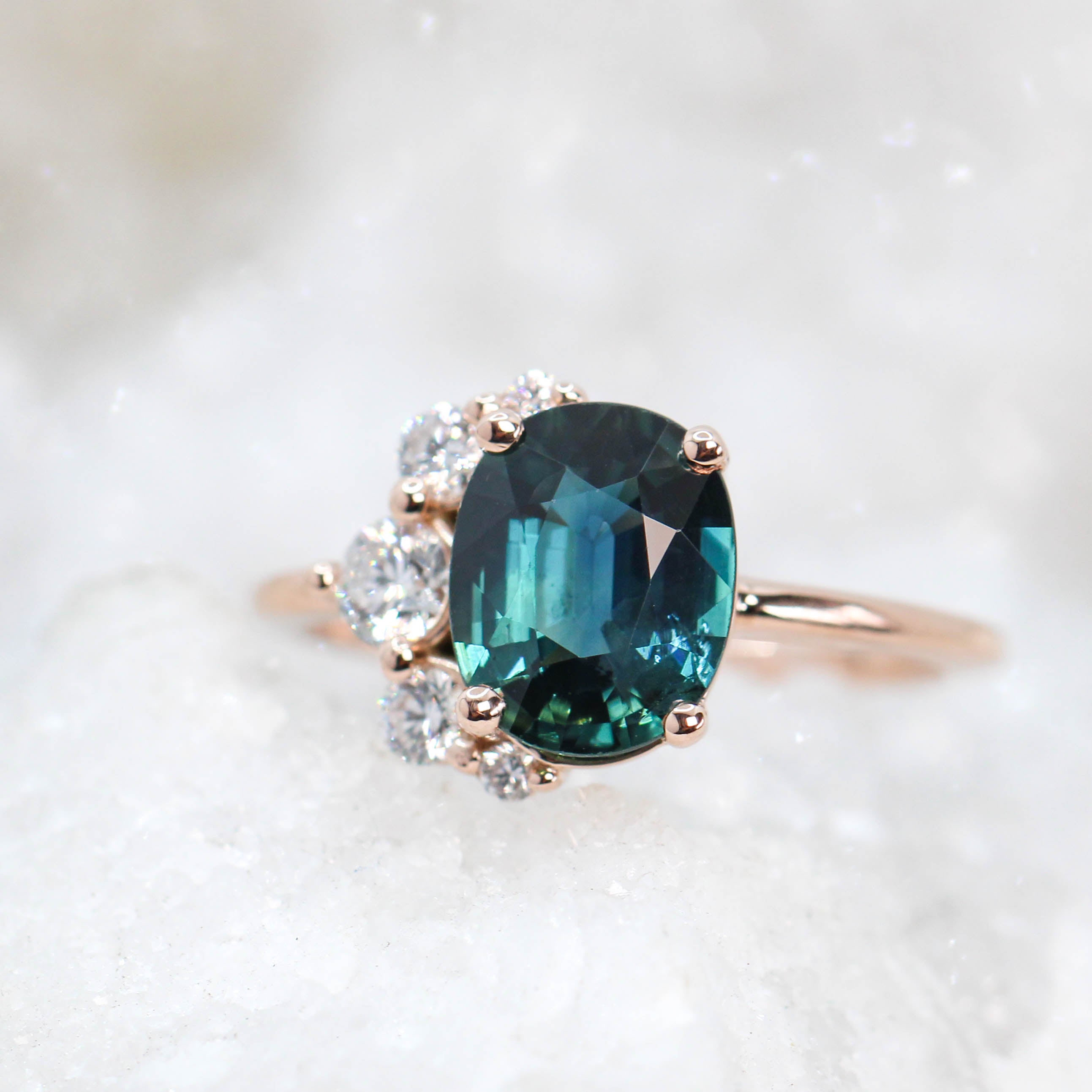 Carell Ring with a 2.01 Carat Teal Oval Sapphire and White Accent Diamonds in 14k Rose Gold - Ready to Size and Ship - Midwinter Co. Alternative Bridal Rings and Modern Fine Jewelry
