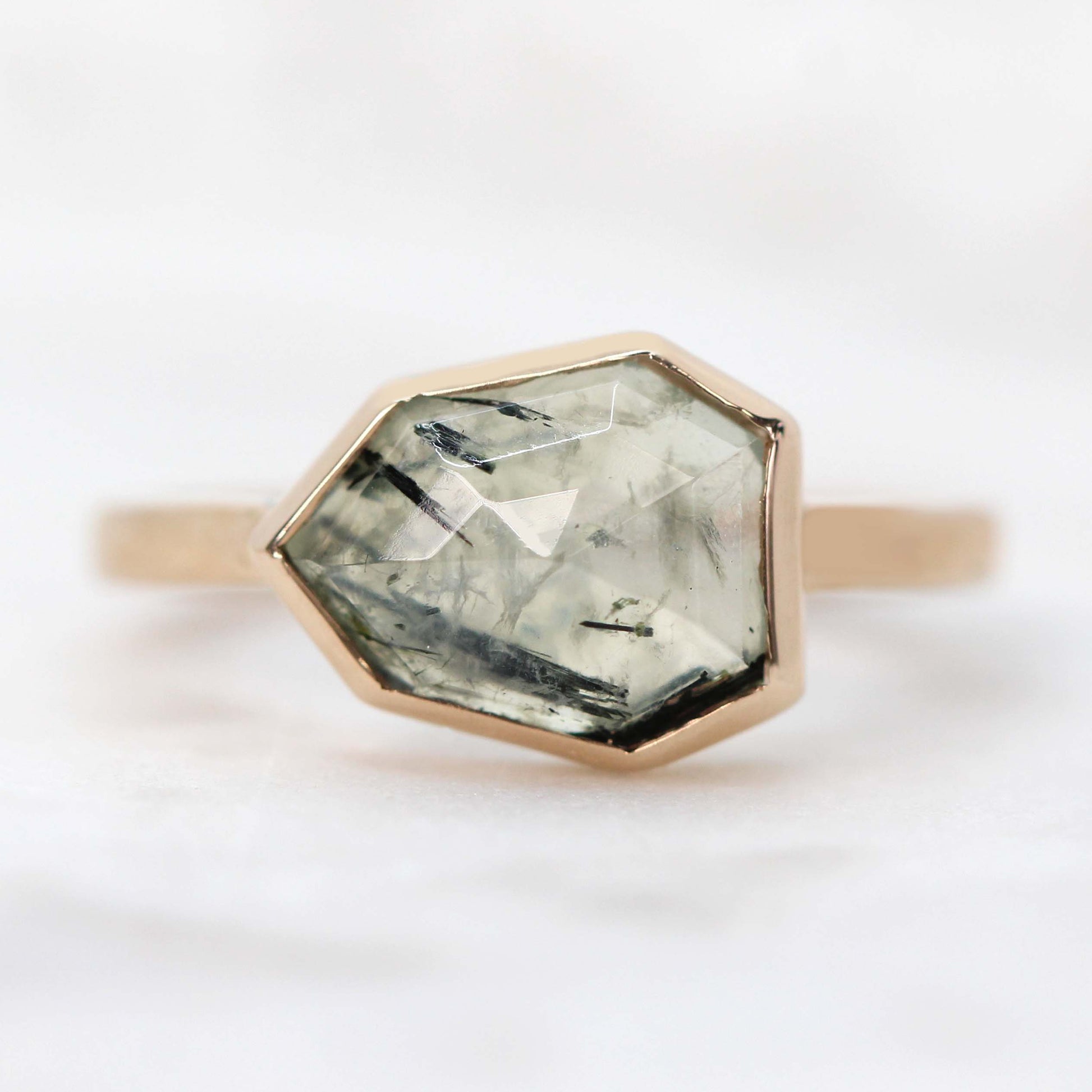 Matti Ring - Your Choice of Rutilated Prehnite in 14K Rose, Yellow, or White Gold. Custom made to order. - Midwinter Co. Alternative Bridal Rings and Modern Fine Jewelry