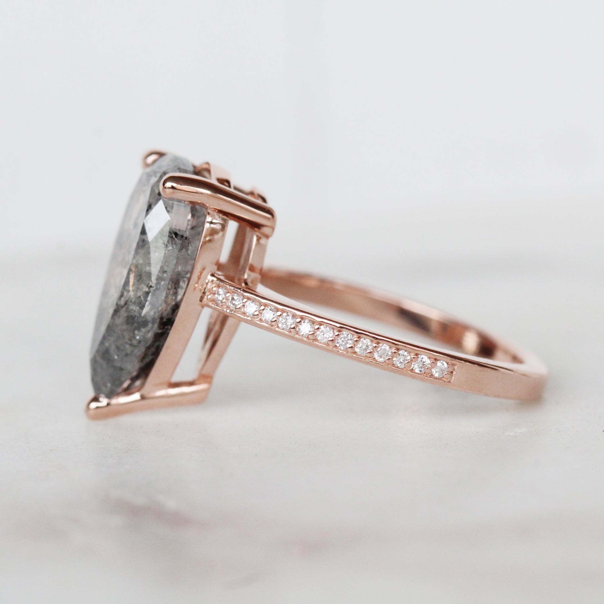 Imani Ring with a 4.07 Carat Celestial Pear Diamond and Accent Diamonds in 14K Rose Gold - Ready to size and ship - Midwinter Co. Alternative Bridal Rings and Modern Fine Jewelry