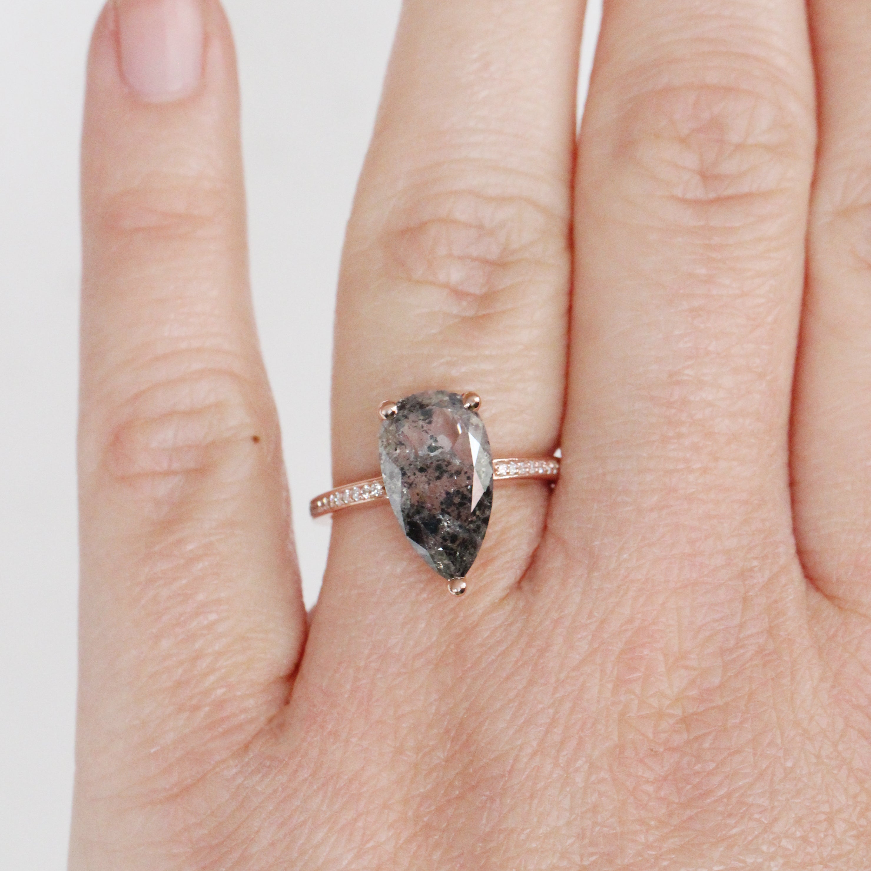 Imani Ring with a 4.07 Carat Celestial Pear Diamond and Accent Diamonds in 14K Rose Gold - Ready to size and ship - Midwinter Co. Alternative Bridal Rings and Modern Fine Jewelry