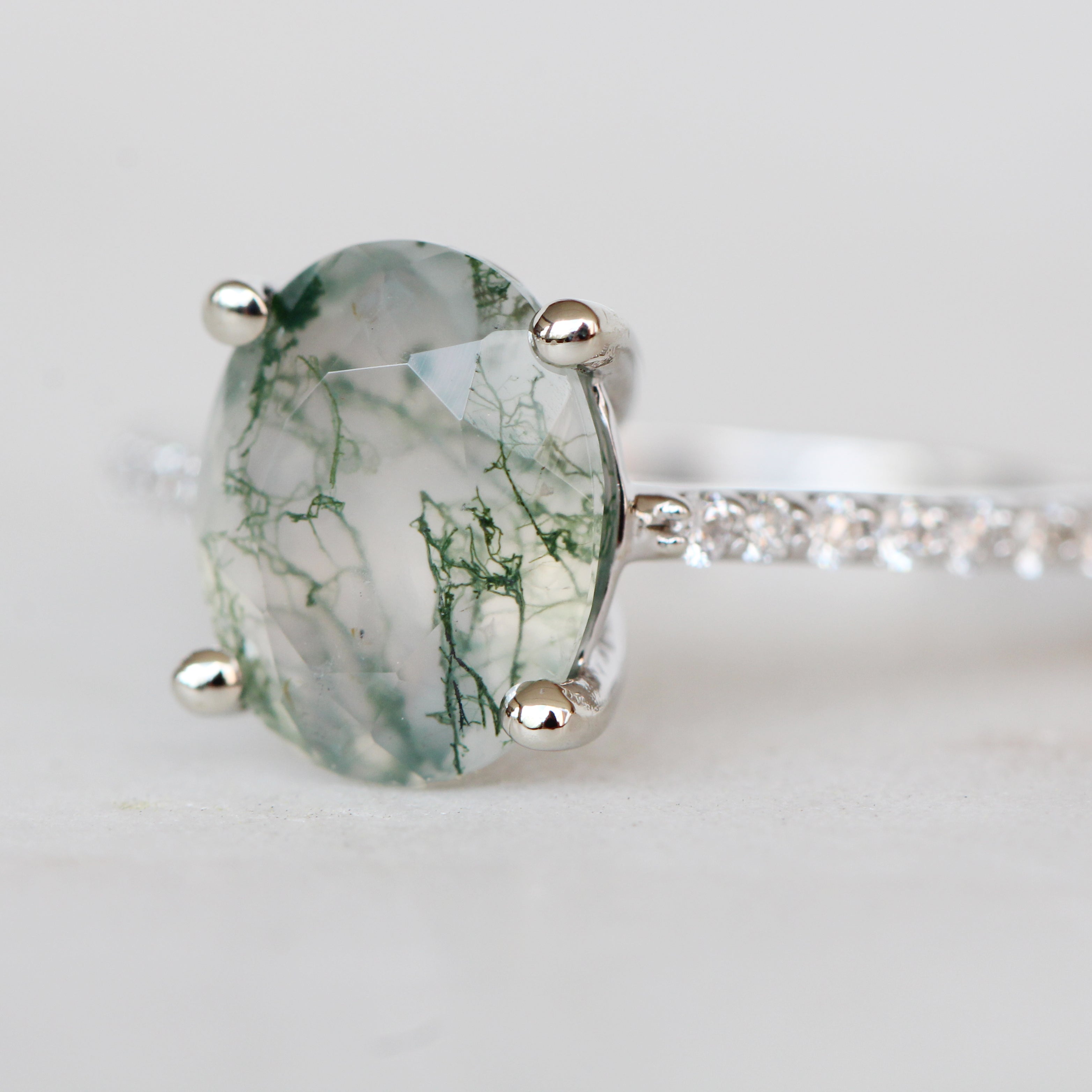 Raine Ring with a 2.06 Carat Moss Agate and Accent Diamonds in 14k White Gold - Ready to size and ship - Midwinter Co. Alternative Bridal Rings and Modern Fine Jewelry